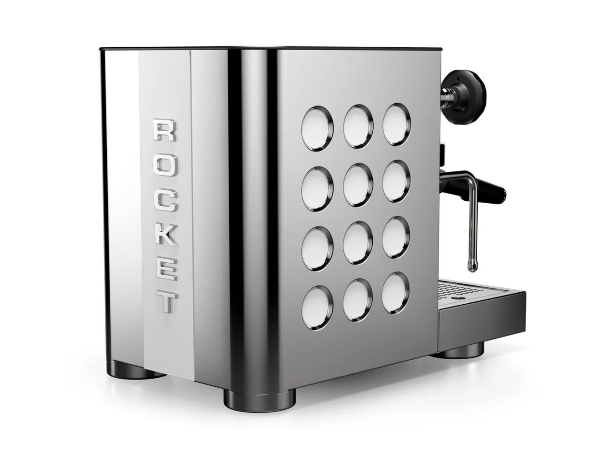 Rocket Appartamento TCA 1 Group Coffee Machine Stainless with White Cutouts - New, angled rear view displaying the Rocket logo, side panels, and drip tray, stainless steel body with white cutouts, on a white background.