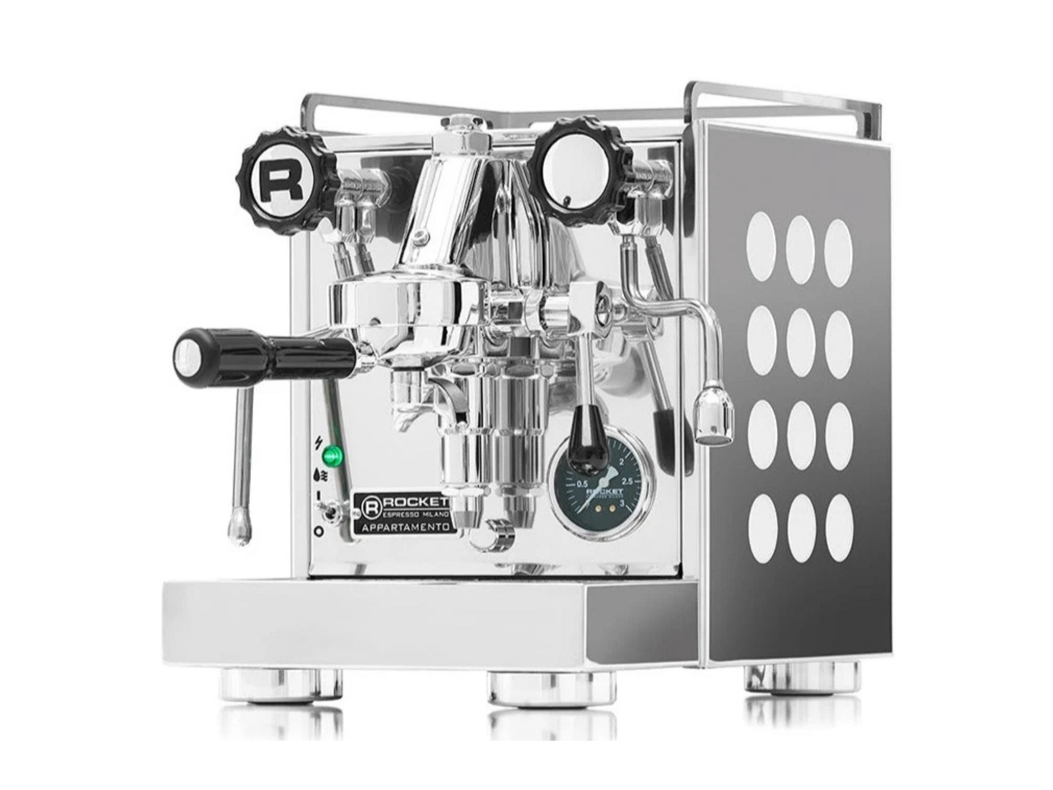 Rocket Appartamento TCA 1 Group Coffee Machine Stainless with White Cutouts - New, angled view showing the stainless steel body, white cutouts, E61 group head, and drip tray, set on a clean white background.
