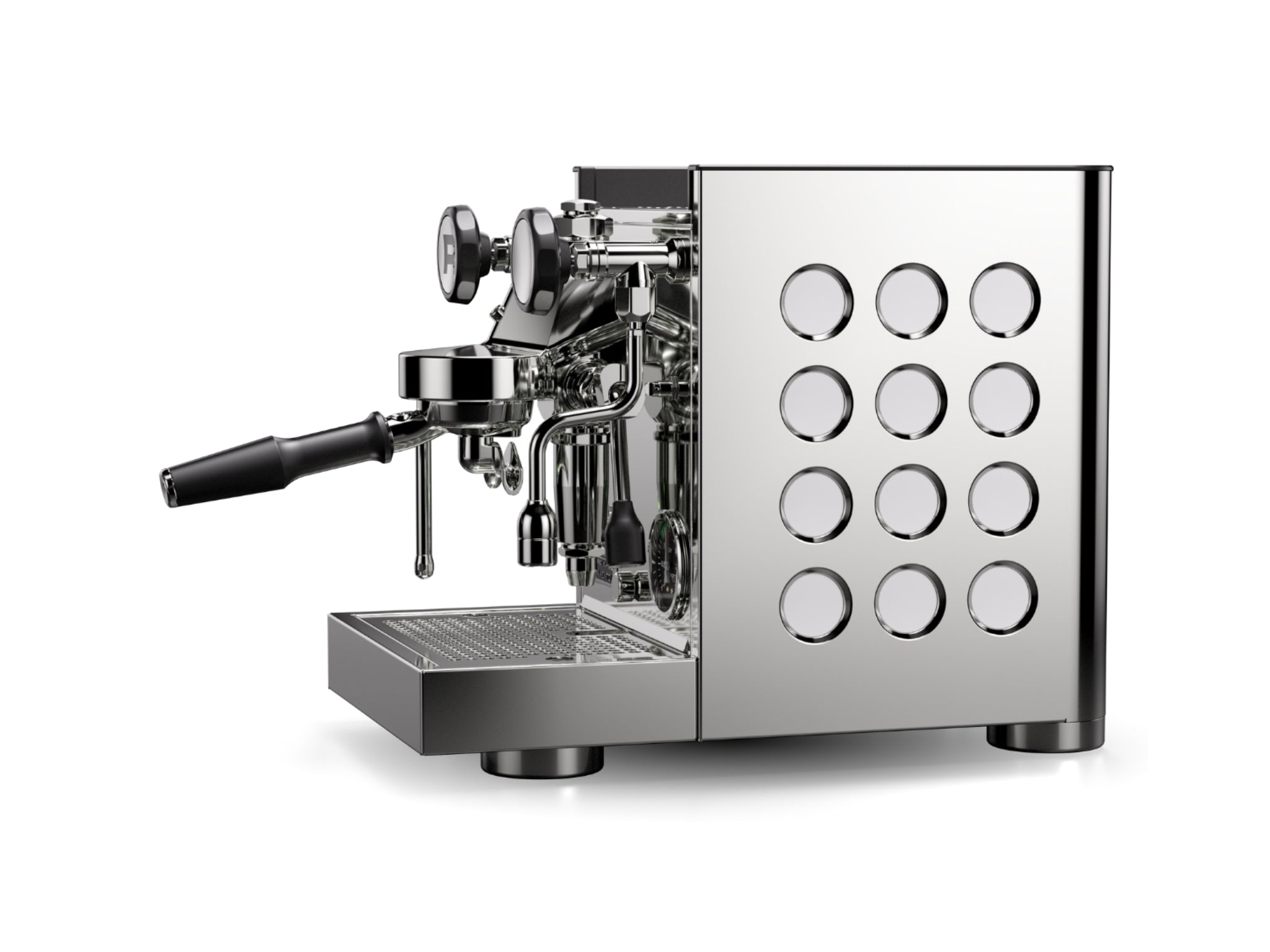 Rocket Appartamento TCA 1 Group Coffee Machine Stainless with White Cutouts - New, side profile highlighting the circular debossed panel, stainless steel construction, and rounded edges, on a white background.