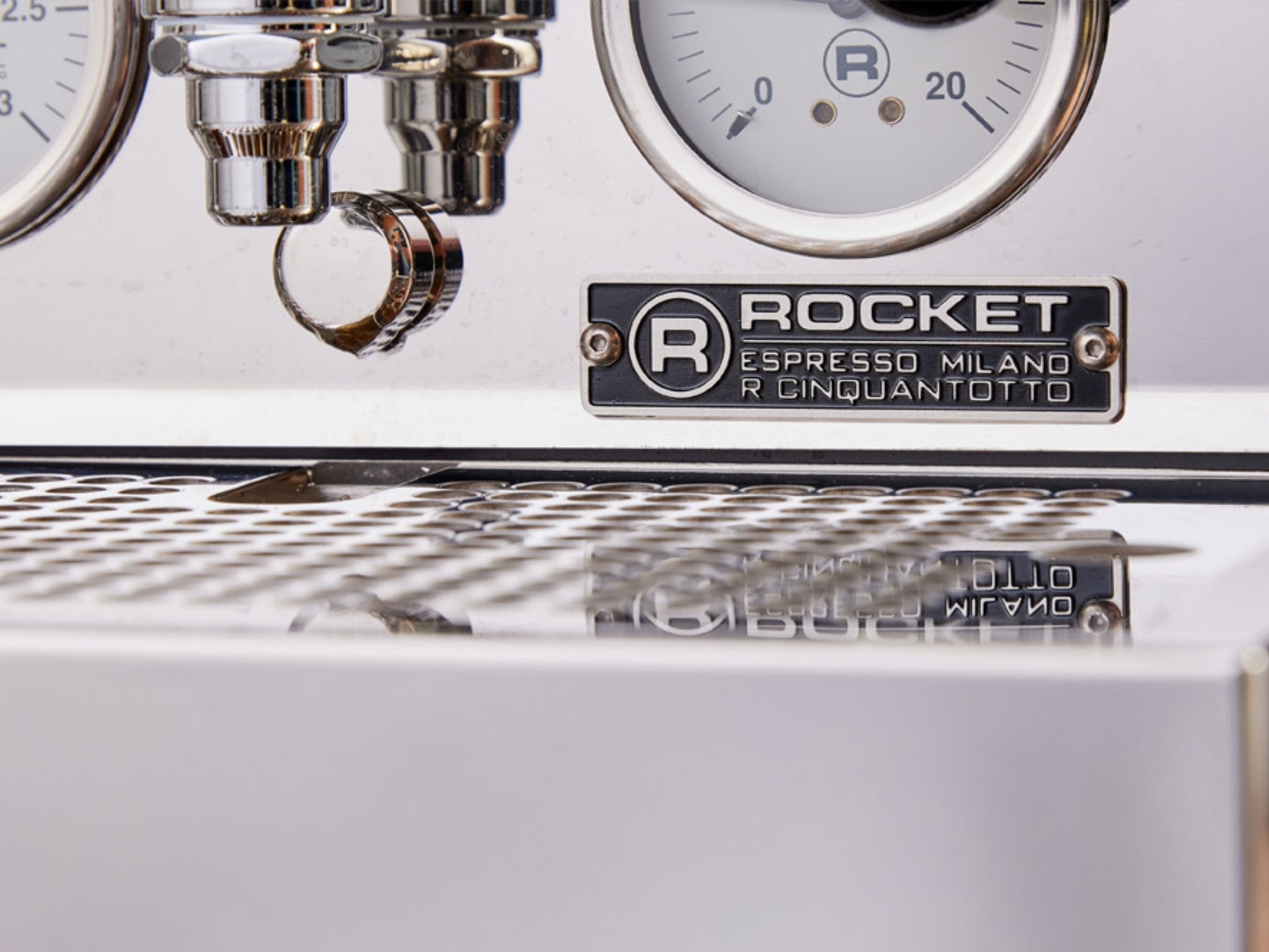 Rocket Cinquantotto R58 1 Group Coffee Machine Stainless - New close-up of the embossed Rocket logo on the front panel with both round pressure gauges visible, set in the polished stainless steel body.
