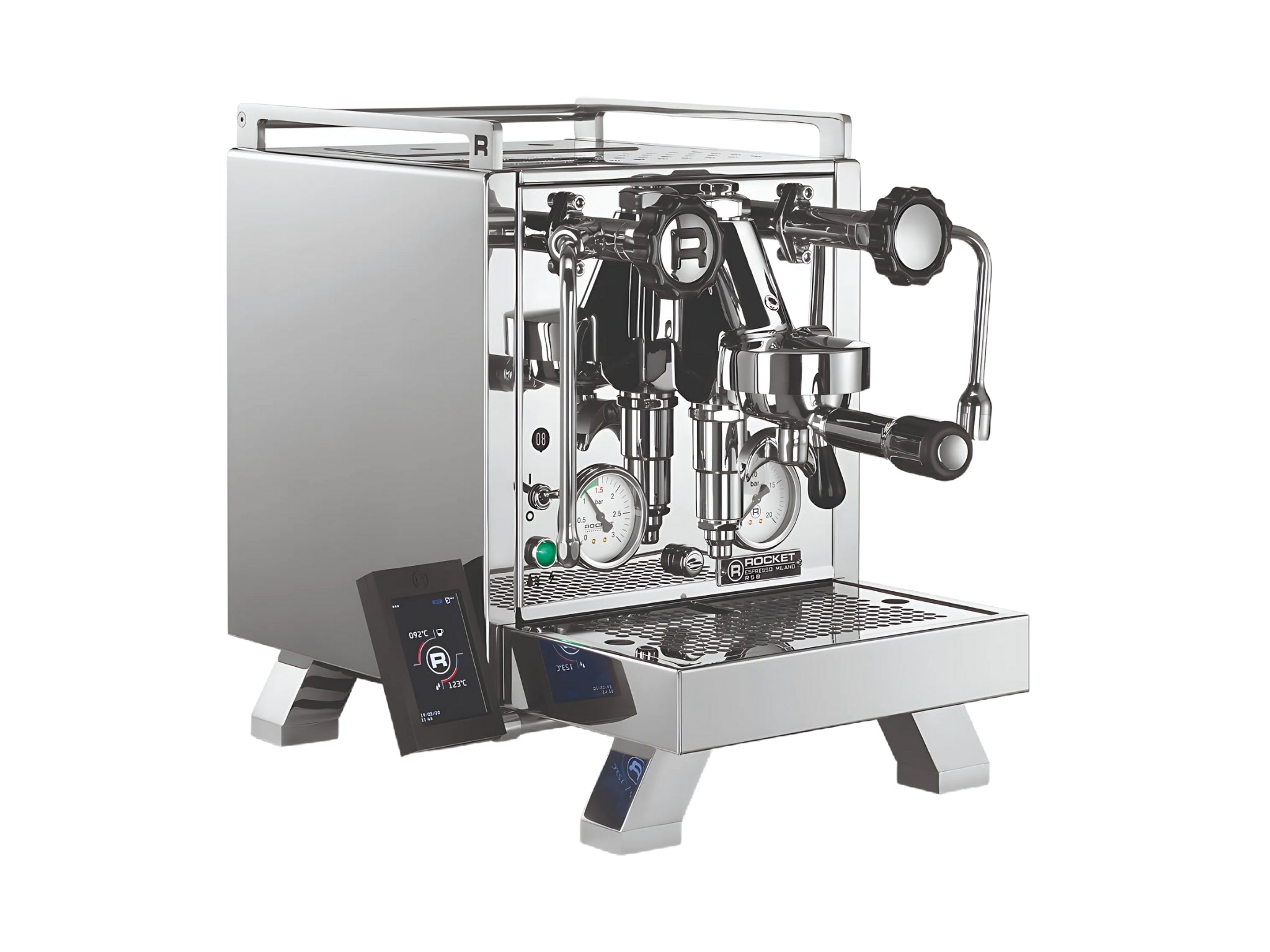 Rocket Cinquantotto R58 1 Group Coffee Machine Stainless - New angled view showing the E61 group head, cool touch steam wand, lever controls, and polished stainless steel body on a clean white background.