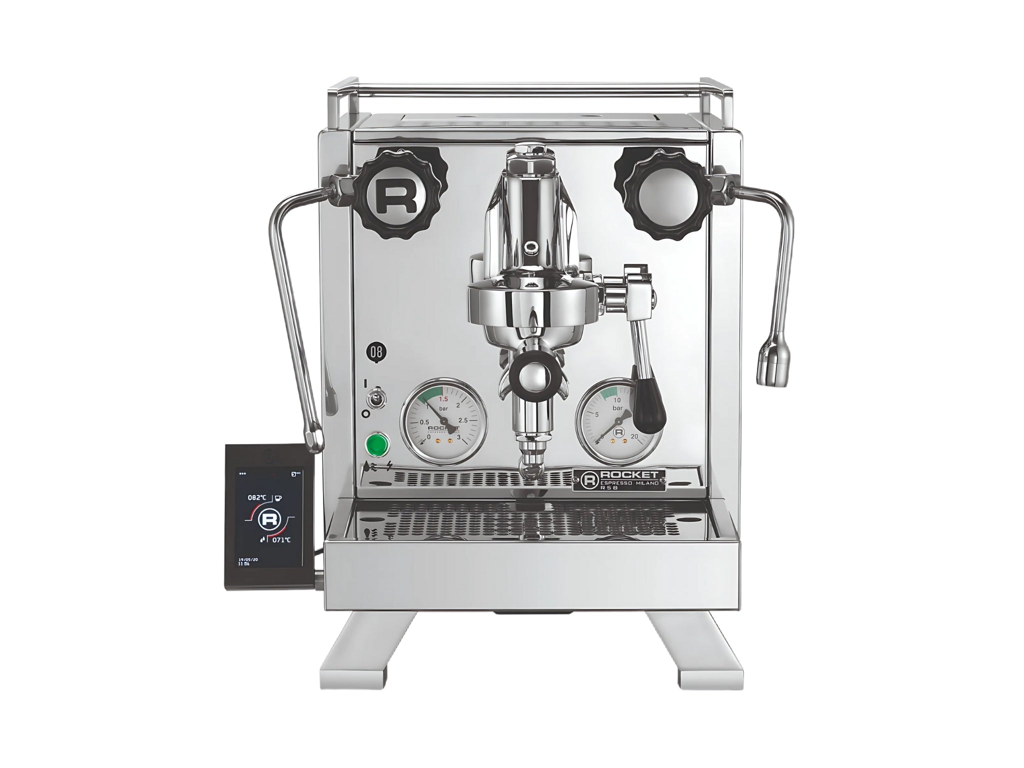 Rocket Cinquantotto R58 1 Group Coffee Machine Stainless - New front view highlighting the group head, dual boiler system, steam wand, drip tray, and shot timer, set against a clean white background.