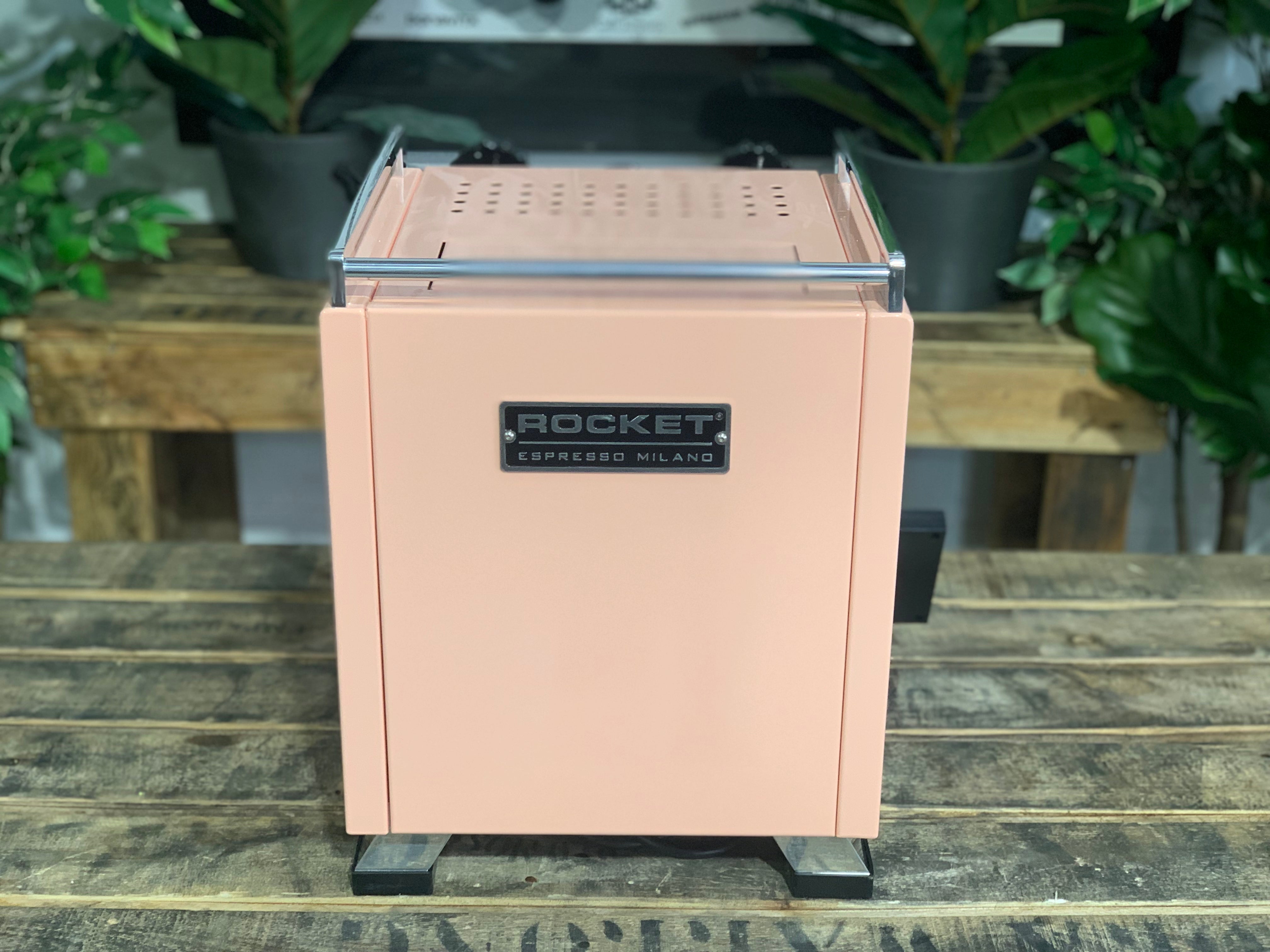 Rocket Cinquantotto R58 1 Group Coffee Machine Pink - New side view showcasing its sleek design and premium branding.