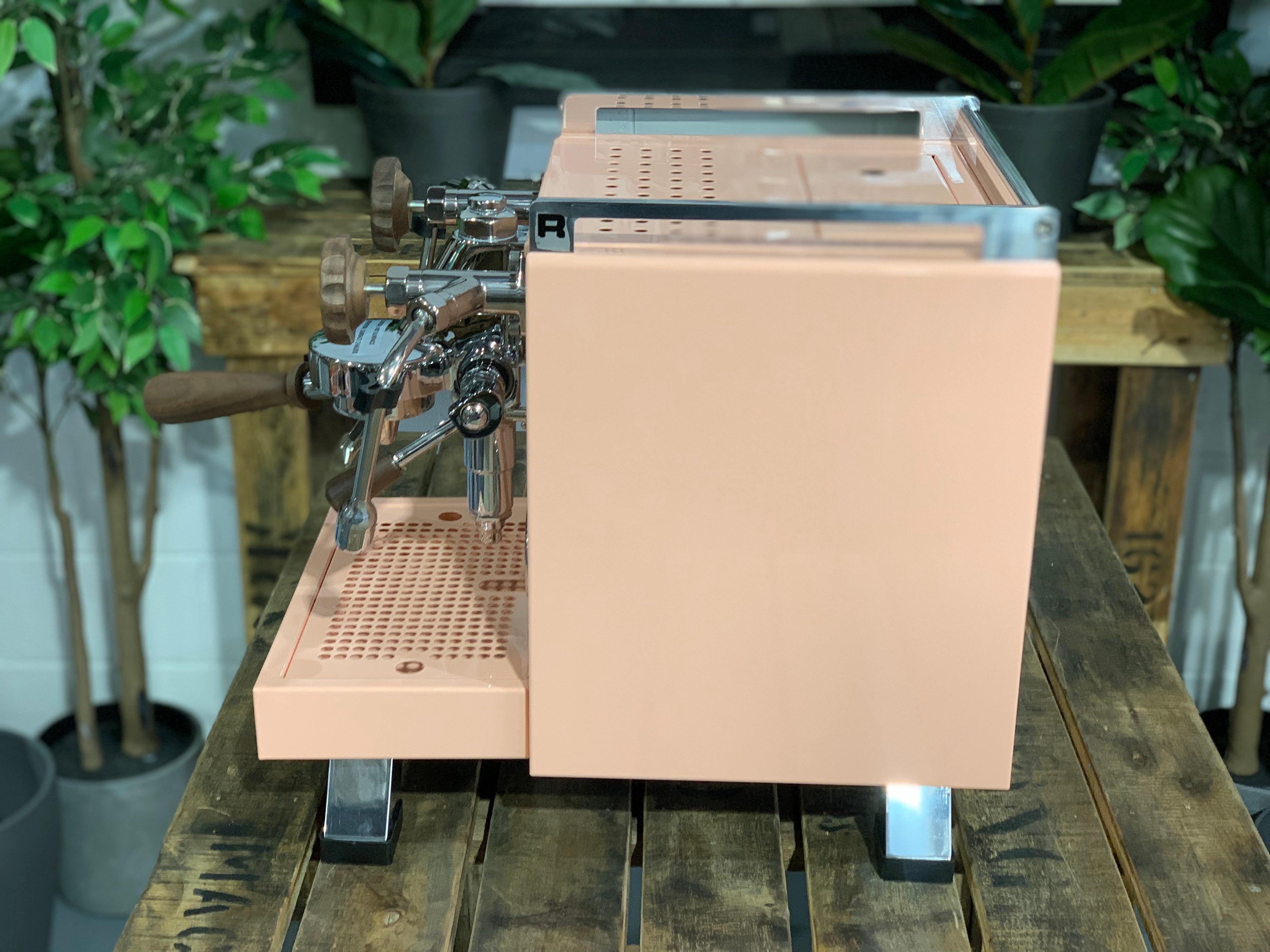 Rocket Cinquantotto R58 1 Group Coffee Machine - New in pink finish, showcasing a side view with elegant design.