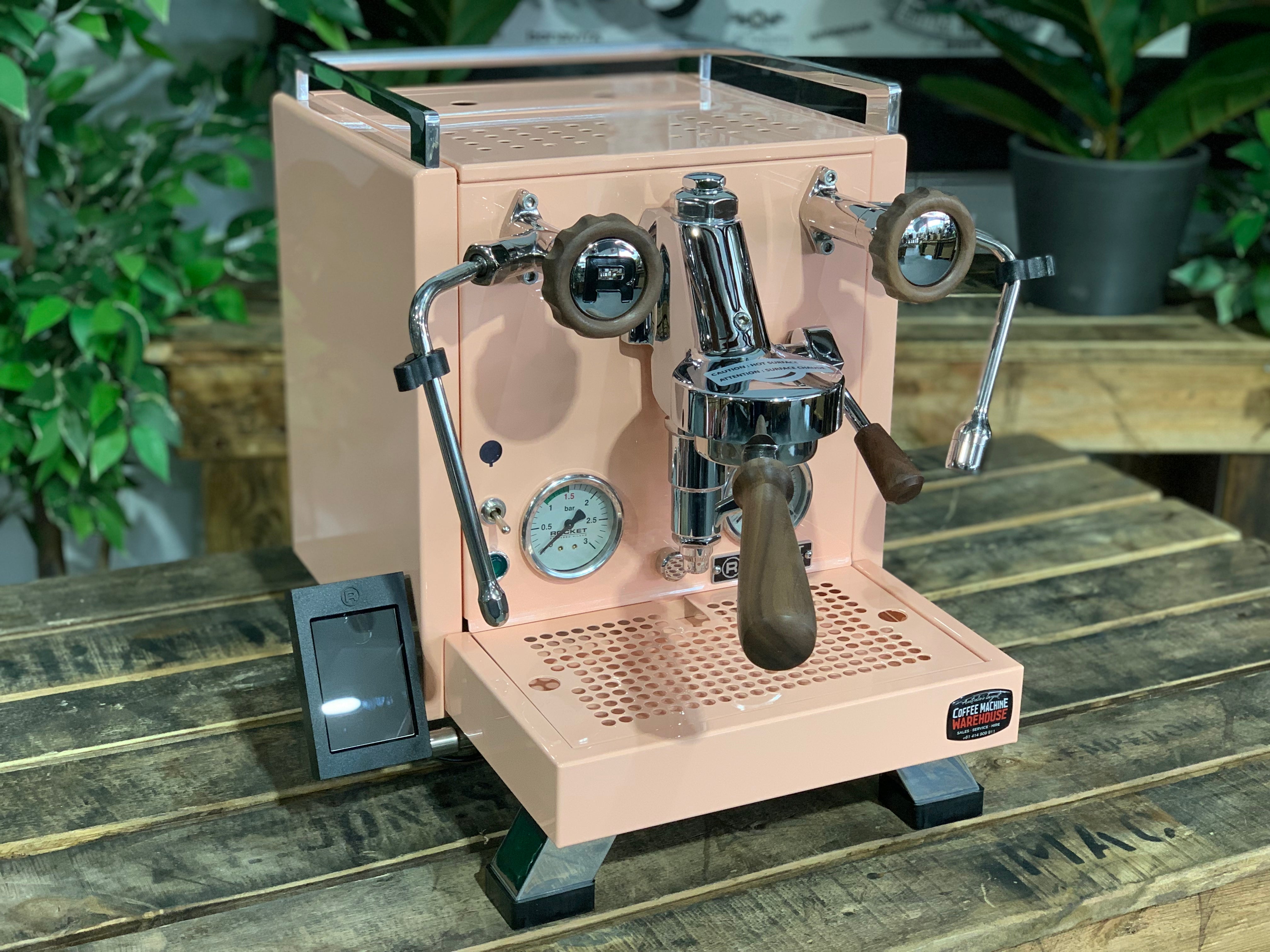 Rocket Cinquantotto R58 1 Group Coffee Machine - New in pink finish on wooden table.