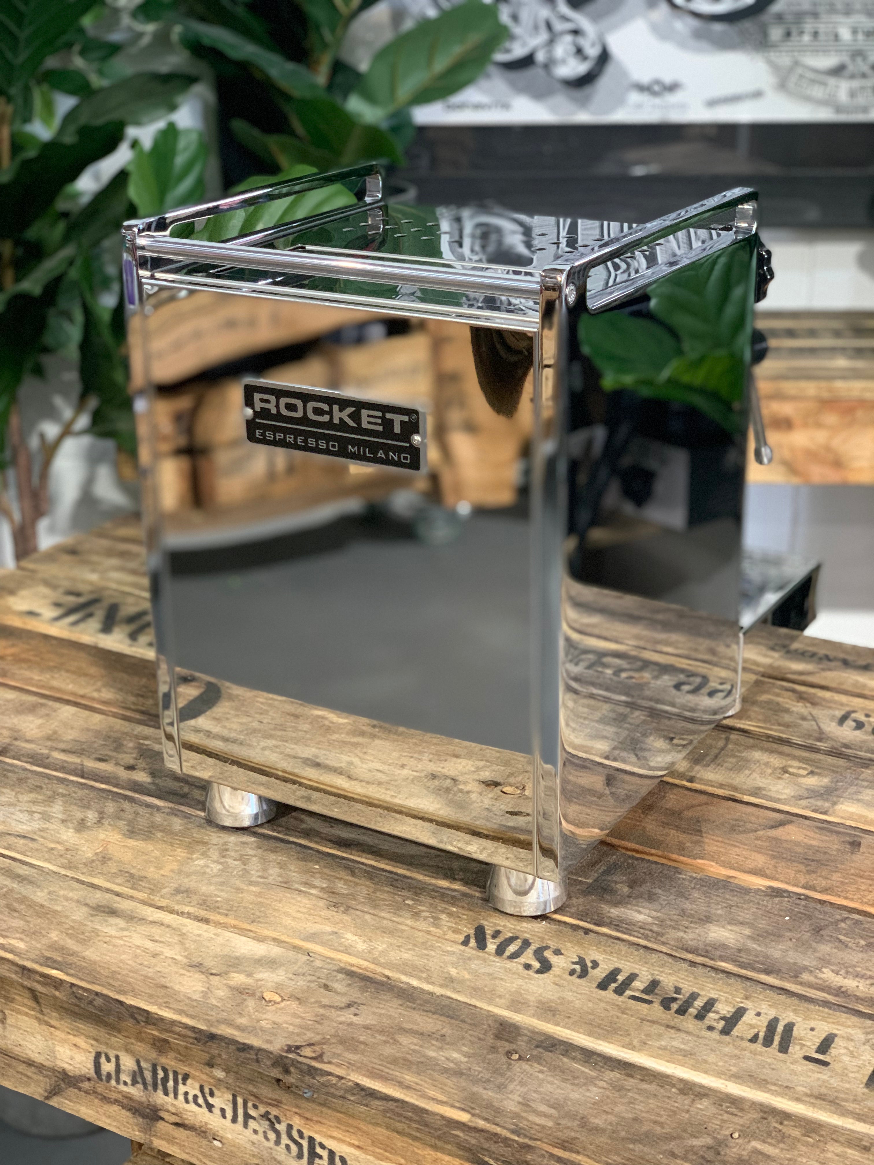 Rocket Mozzafiato Cronometro V 1 Group Coffee Machine - New stainless steel design showcased on wooden table.