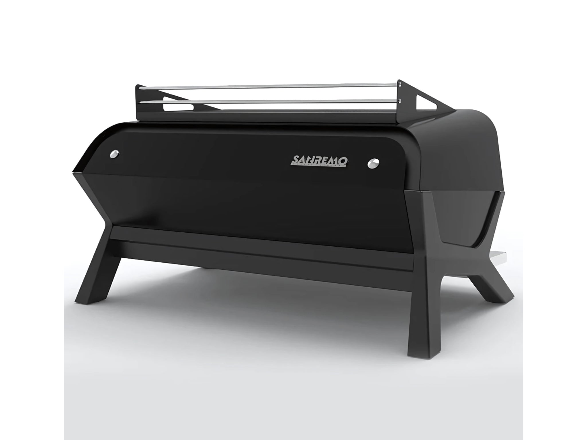 A brand new San Remo F18SB 2 Group Coffee Machine in Black finish on a white background. The machine is photographed from behind the machine and the back and side of the machine is visible.