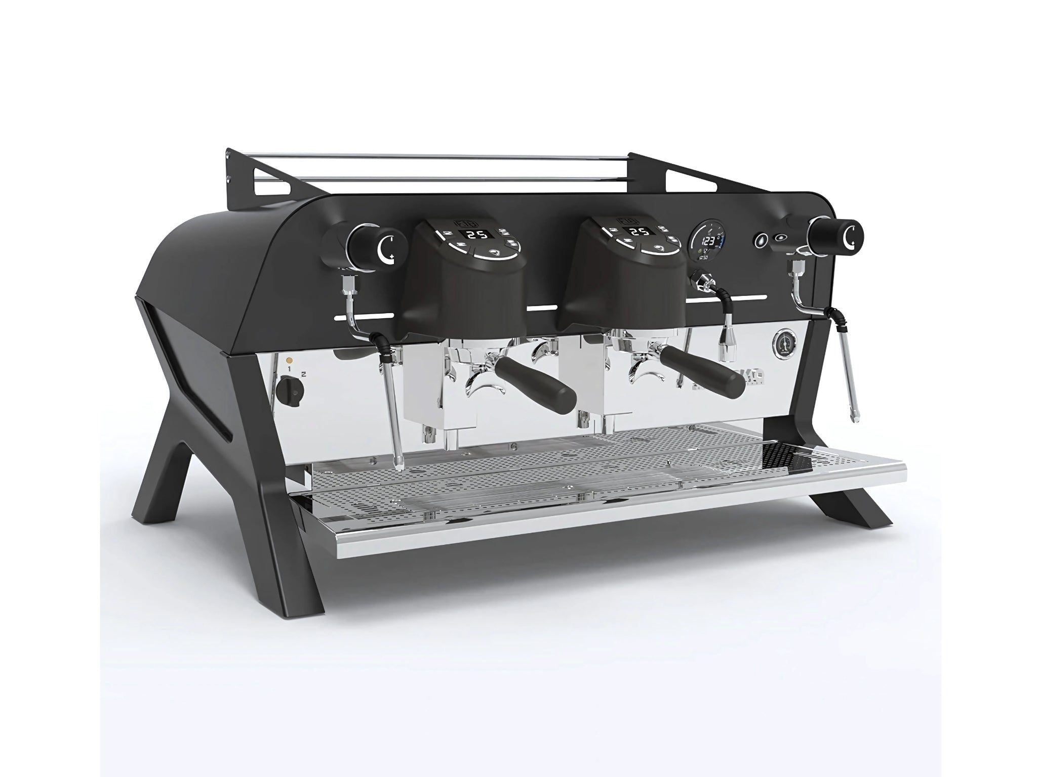 A brand new San Remo F18SB 2 Group Coffee Machine in Black finish on a white background. The machine is photographed on an angle and the front and side of the machine is visible.
