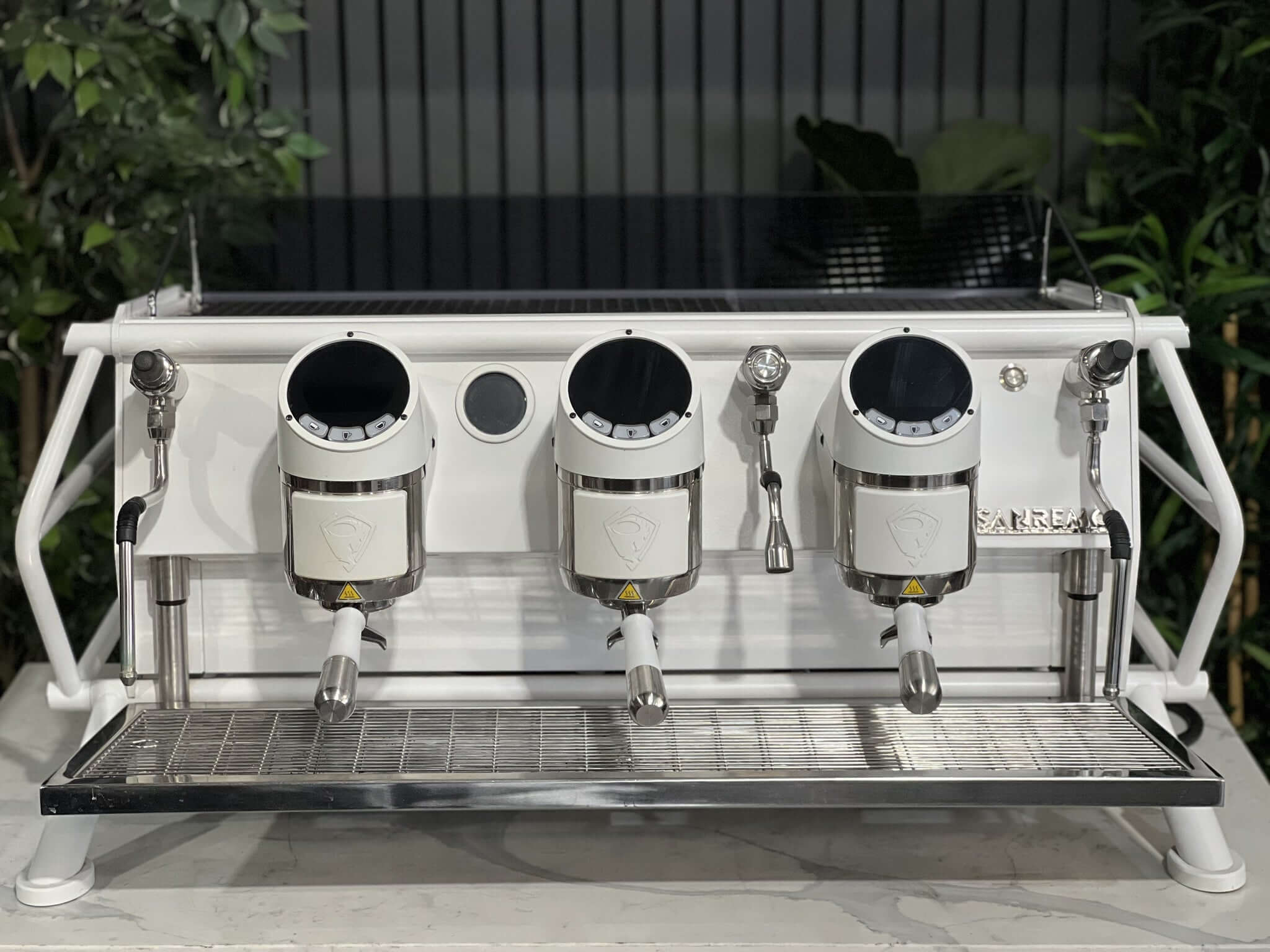 San Remo Cafe Racer 3 Group White /Naked Coffee Machine w/ White & Silver Pesado Handles