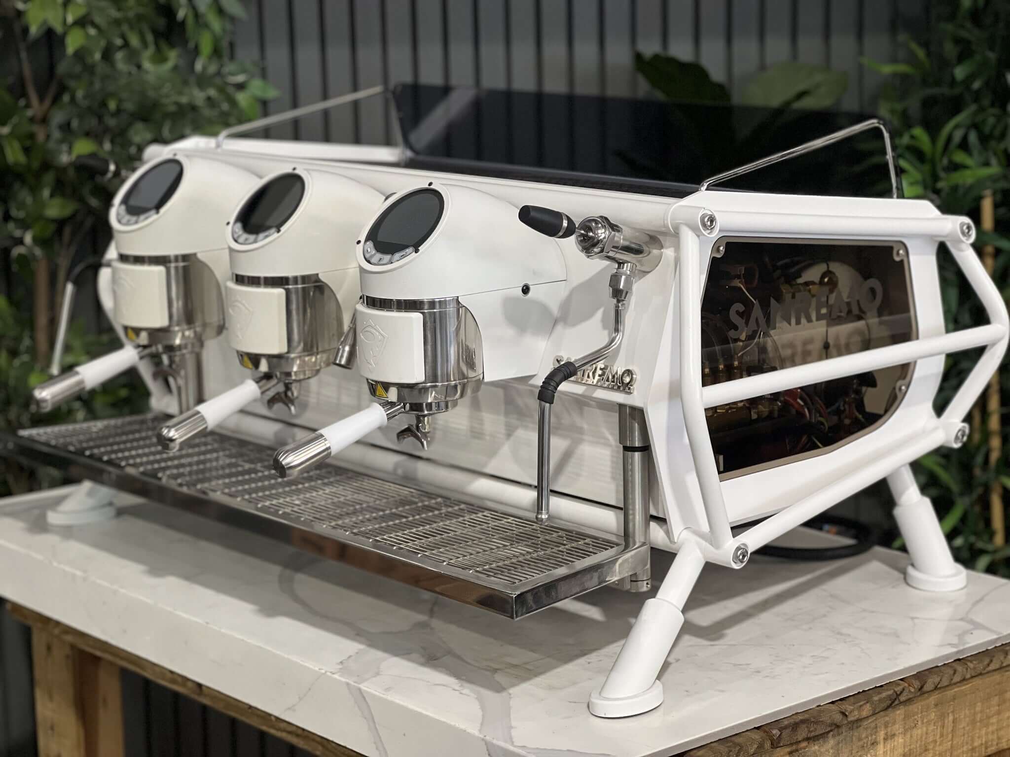 San Remo Cafe Racer 3 Group White /Naked Coffee Machine w/ White & Silver Pesado Handles