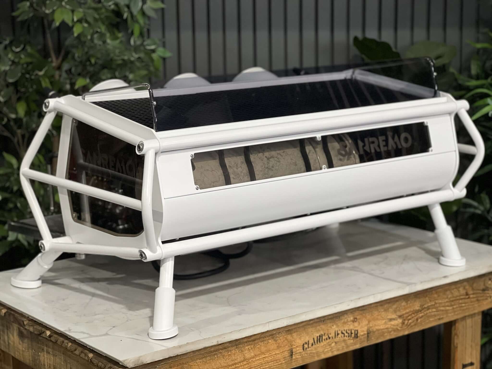 San Remo Cafe Racer 3 Group White /Naked Coffee Machine w/ White & Silver Pesado Handles