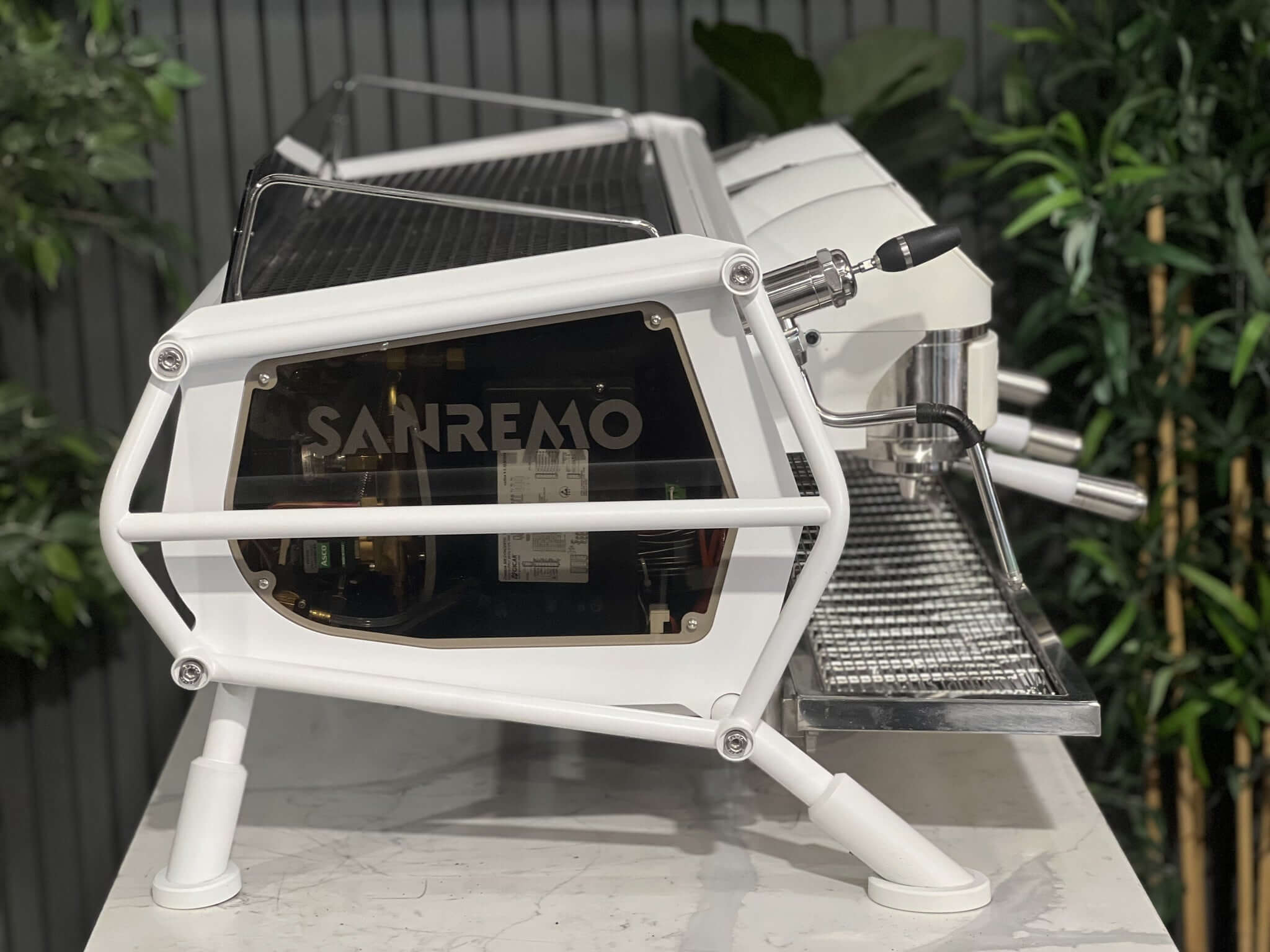 San Remo Cafe Racer 3 Group White /Naked Coffee Machine w/ White & Silver Pesado Handles