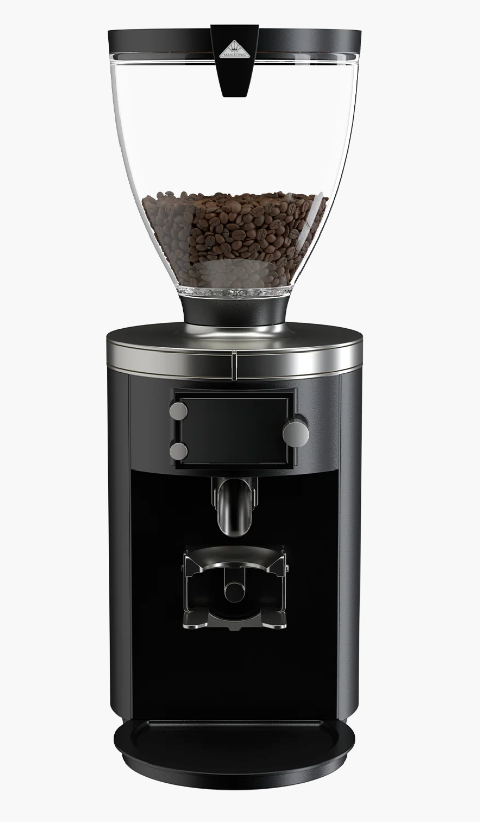 Mahlkönig E80S Coffee Grinder - New in sleek black design with coffee beans in the hopper.