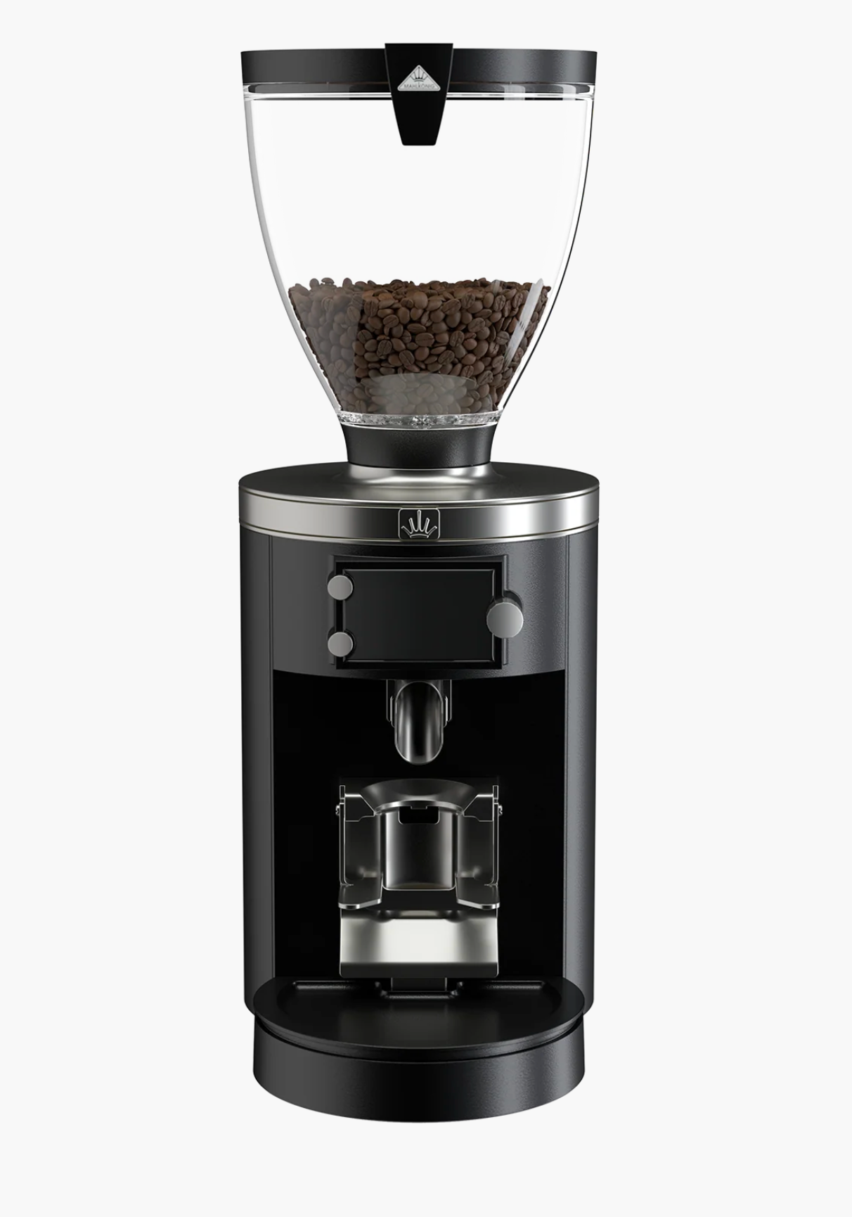 Mahlkönig E80W GBS Coffee Grinder-New in black with transparent bean hopper and espresso dispensing mechanism