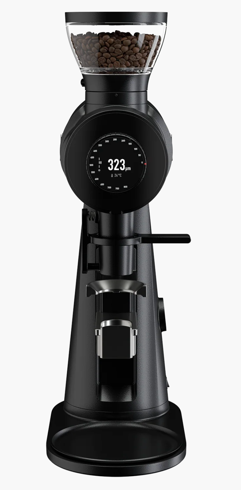 Mahlkönig EK Omnia Coffee Grinder - New, black coffee grinder with digital display and coffee beans.