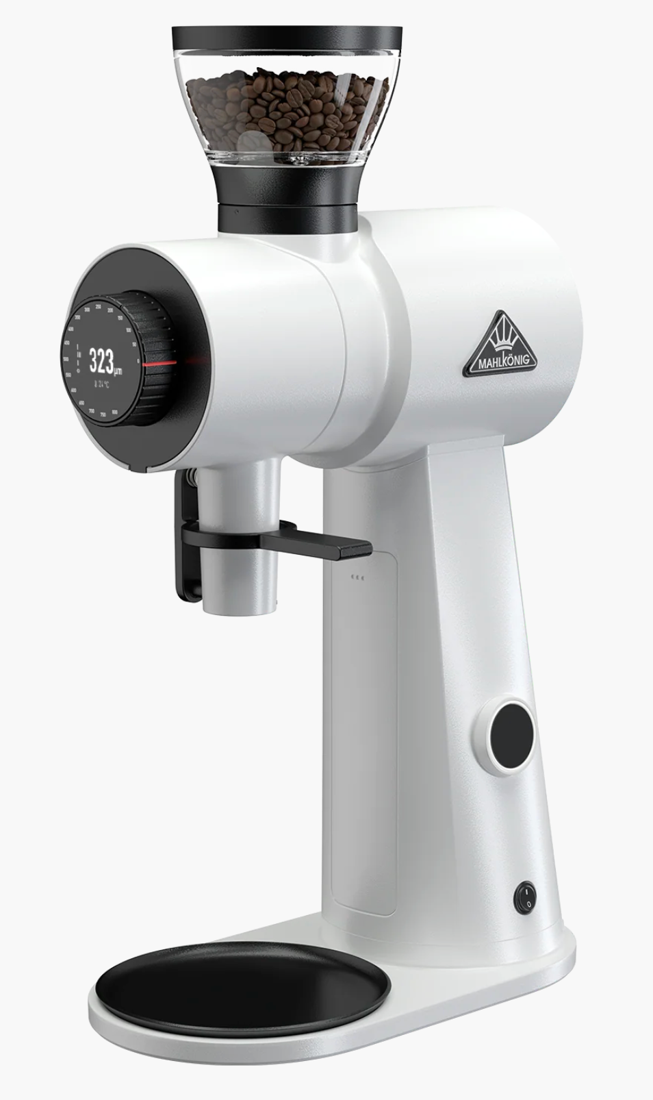 Mahlkönig EK Omnia Coffee Grinder - New (White) with coffee beans in hopper and built for precision grinding.