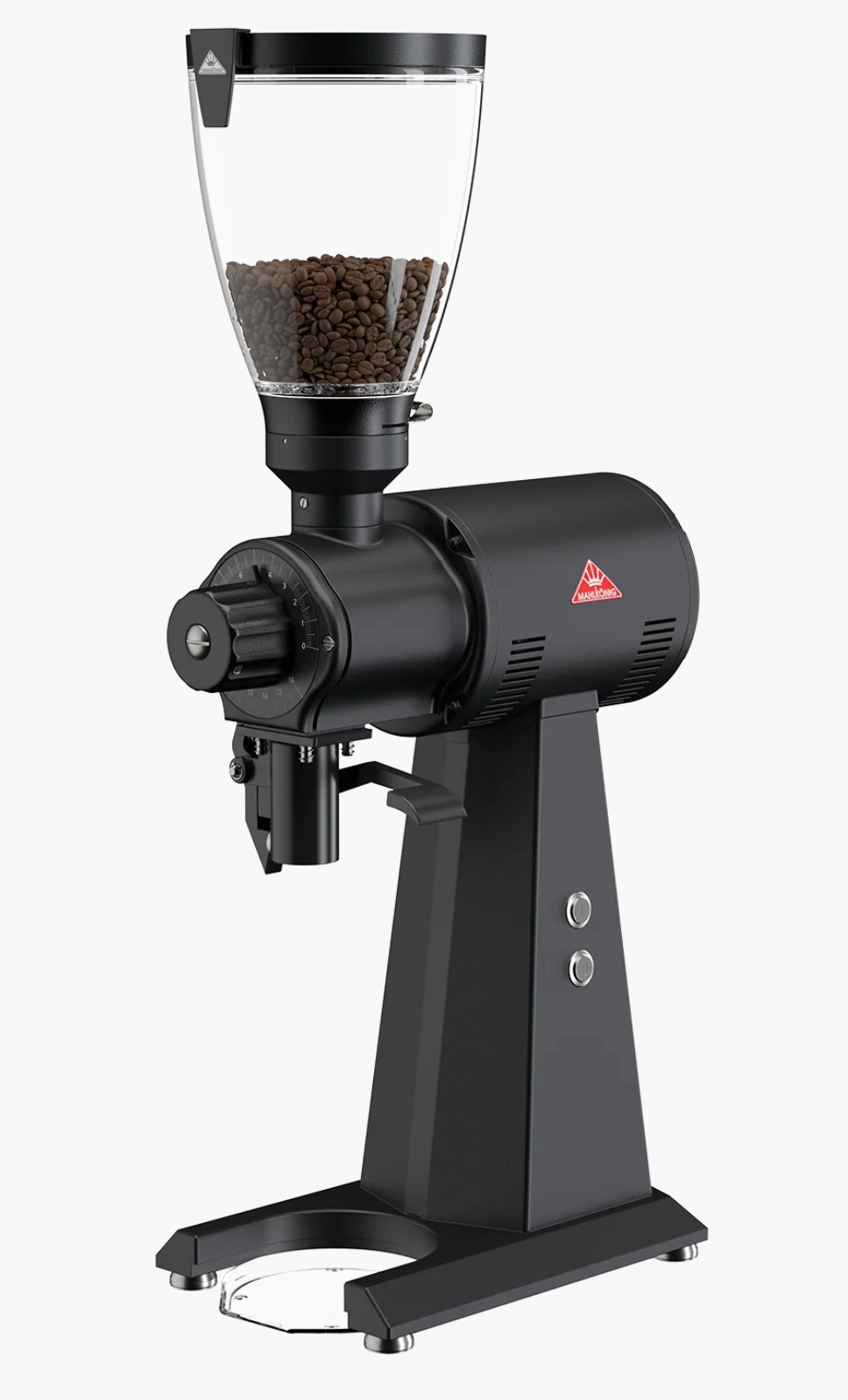 Mahlkonig EK43 Espresso Coffee Grinder - New in sleek black design with a transparent bean container.