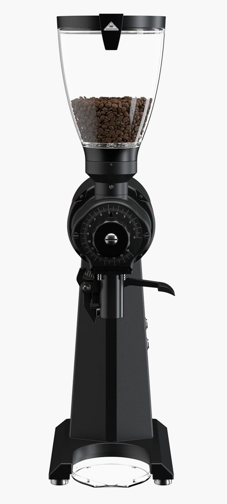 Mahlkonig EK43 Espresso Coffee Grinder - New featuring a sleek black design and transparent bean hopper.