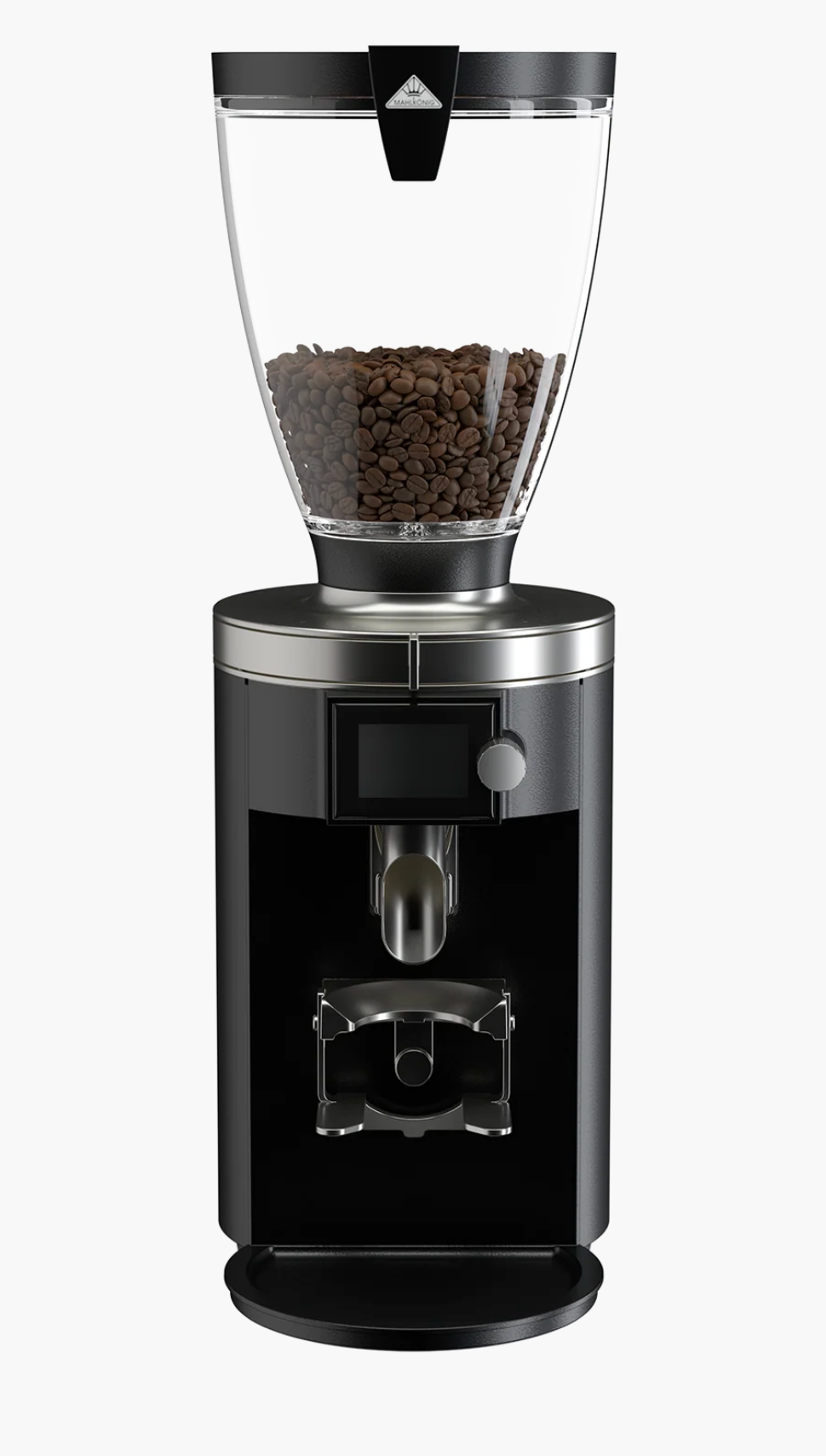Mahlkönig E65S Espresso Coffee Grinder- New with coffee beans in the hopper, sleek black design, and user-friendly display.