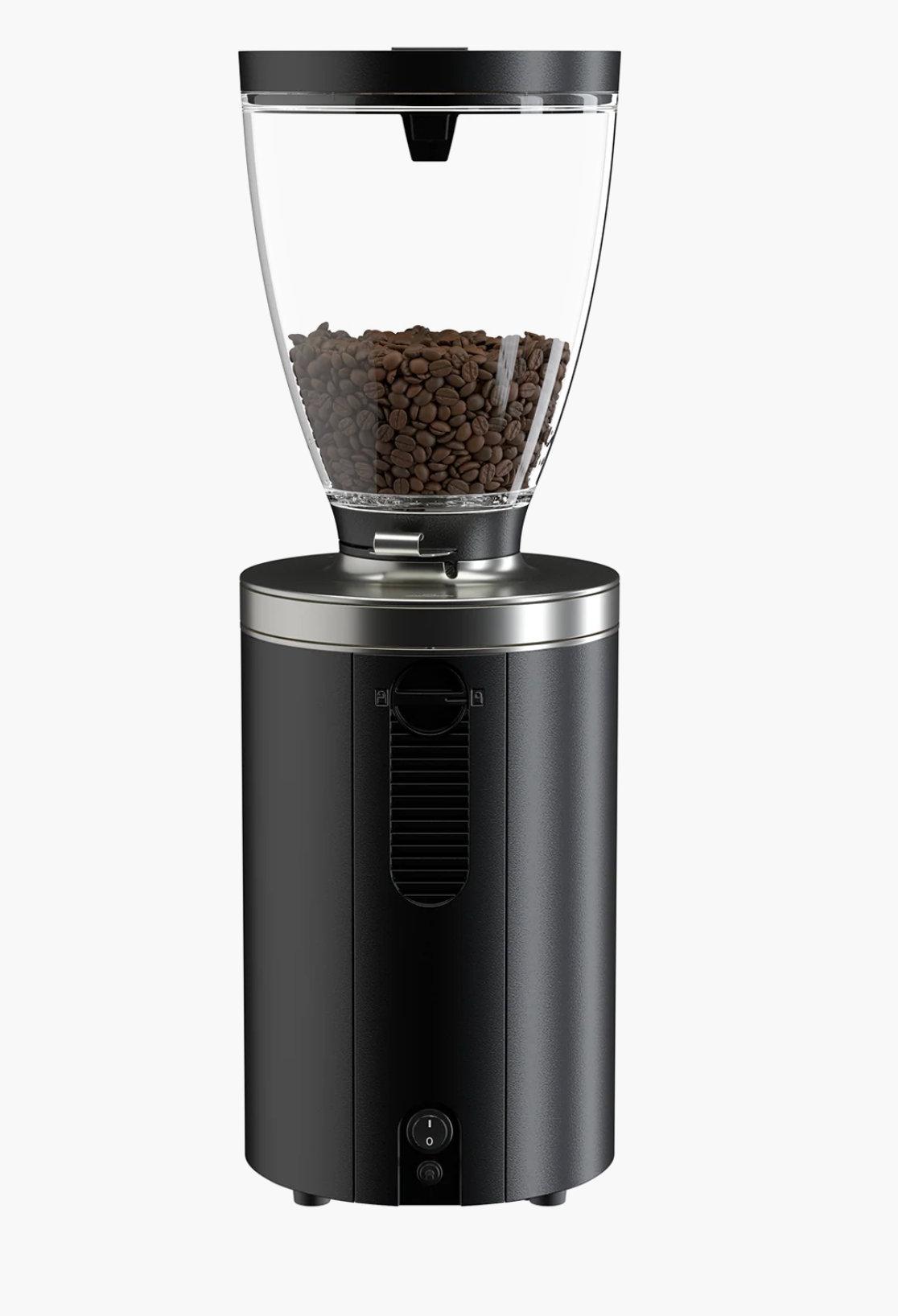 Mahlkönig E65S Espresso Coffee Grinder- New in black with coffee beans in the hopper.