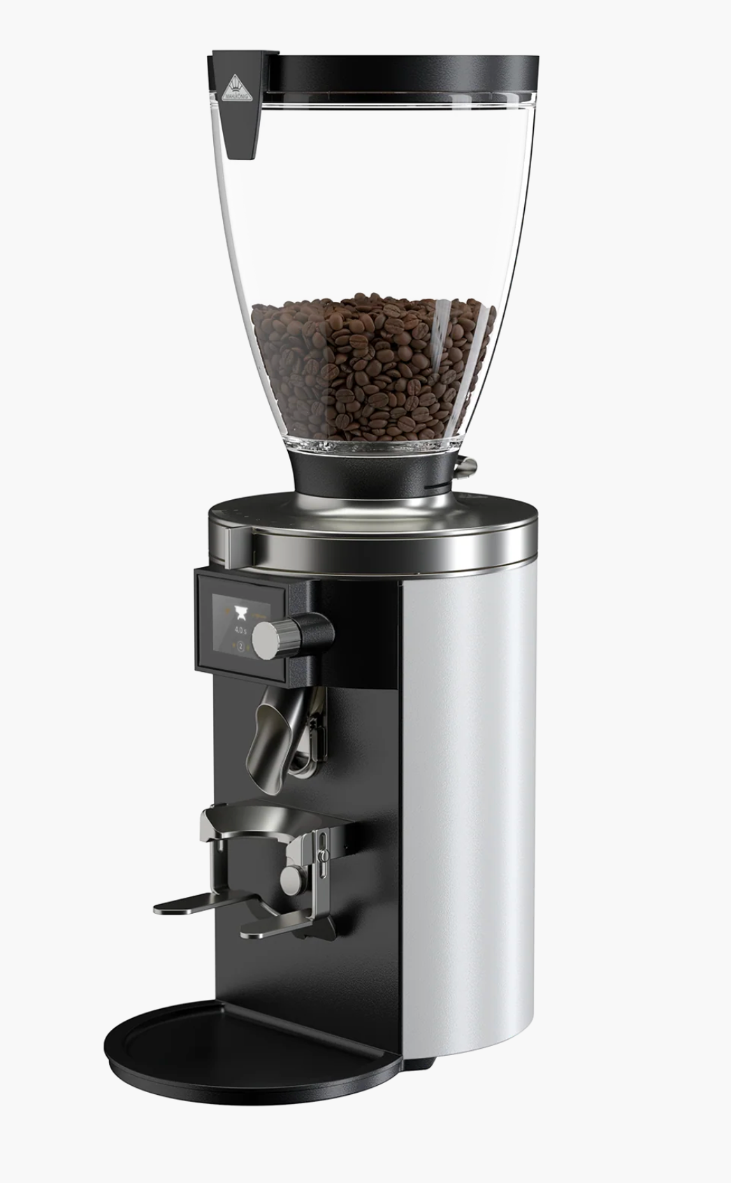 Mahlkönig E65S Espresso Coffee Grinder- New, premium commercial espresso grinder with a sleek design and coffee beans.
