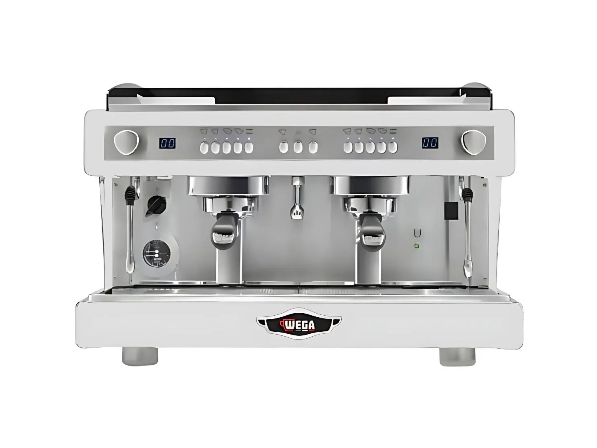A new white Wega Airy EVD 2 Group Espresso Coffee Machine on a white background. The machine is photographed front making the controls and group heads visible.