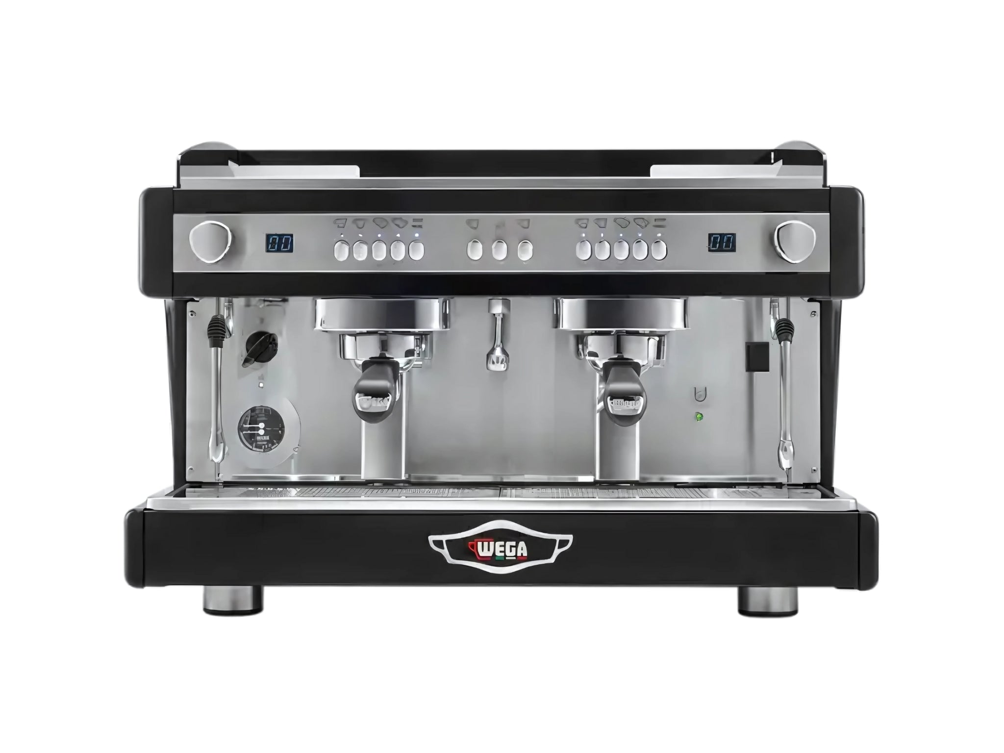 A new black Wega Airy EVD 2 Group Espresso Coffee Machine on a white background. The machine is photographed front making the controls and group heads visible.