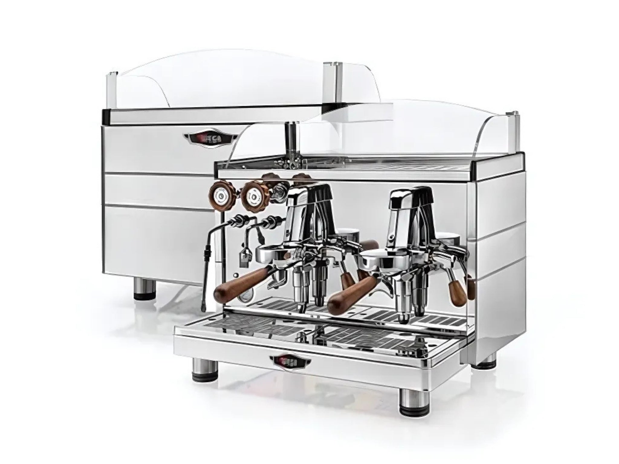 An image with both the back and front of a new Wega Mini Nova Classic 2 Group Coffee Machine with Stainless finish & Timber Accents on a white background. The machine at the front is photographed on an angle and the front and side of the machine is visible. Behind that machine the back of the machine is visible.
