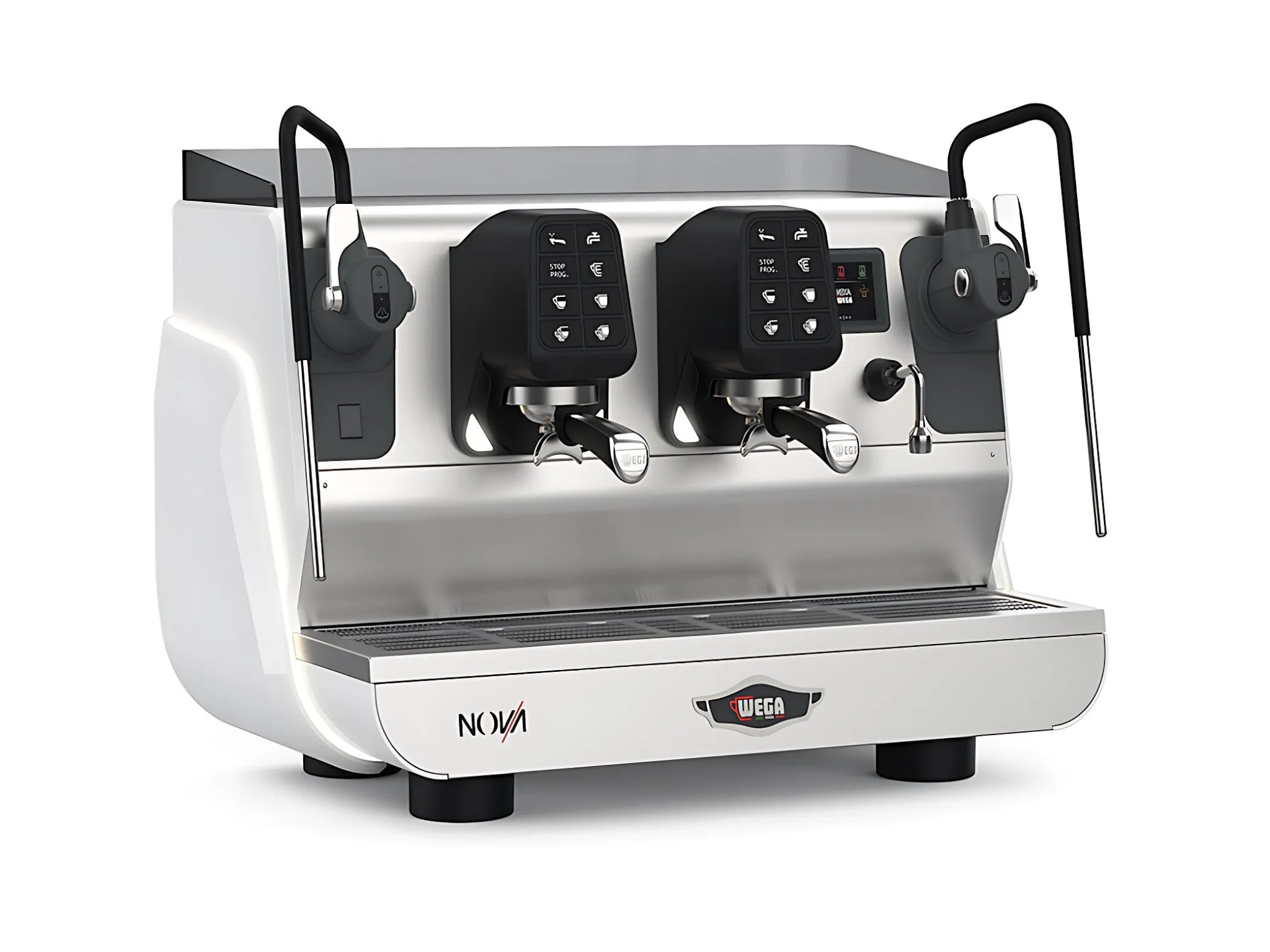 Wega Nova EVD 2 Group Coffee Machine White - New espresso coffee machine shown on a clean white background, angled to highlight the matte white body, group heads, and steam wand. A professional commercial design perfect for modern café spaces.