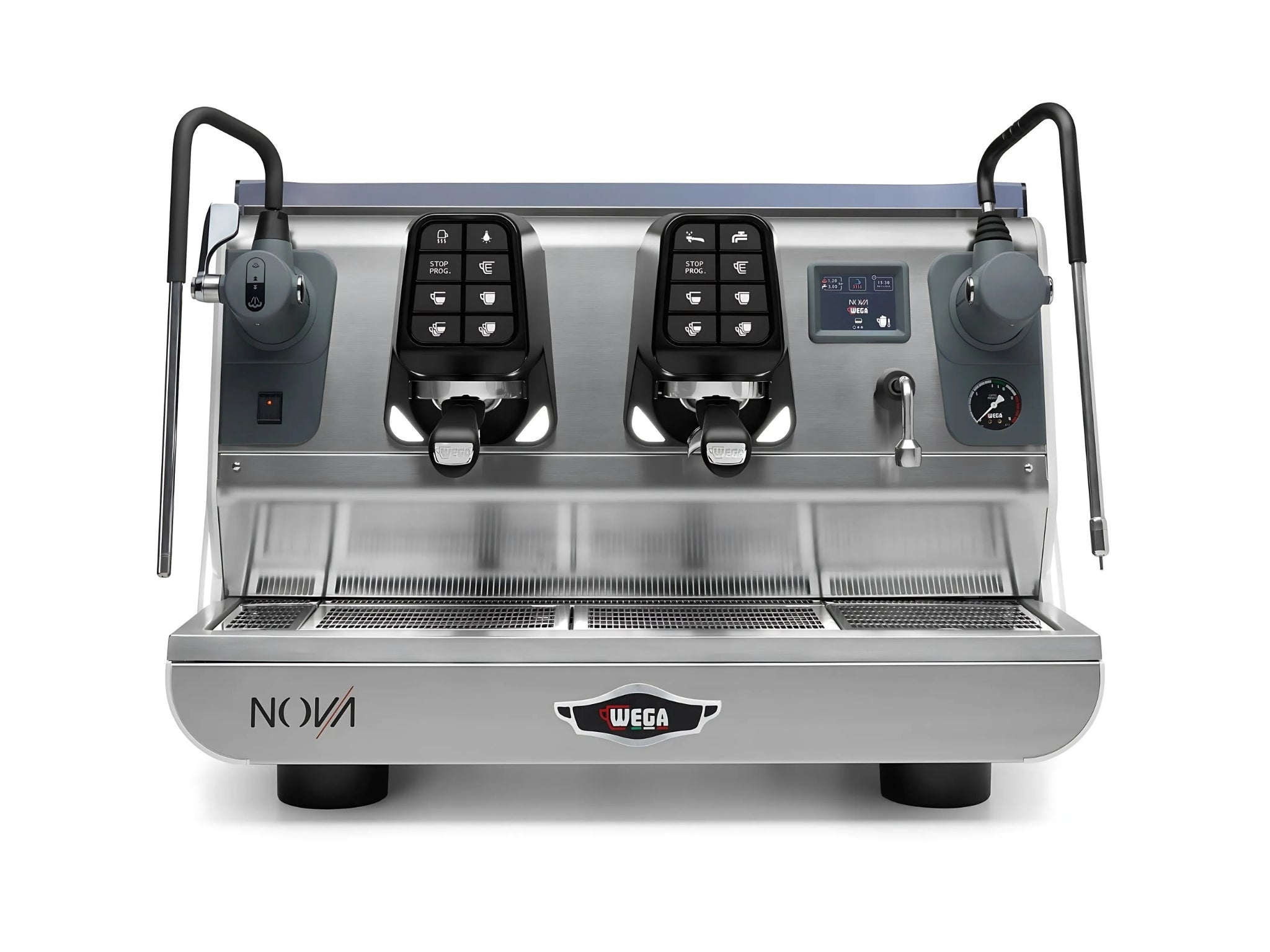 Wega Nova EVD 2 Group Coffee Machine White - New espresso machine photographed front-on, showcasing the symmetrical group head layout, cool touch steam wands, and digital touchscreen interface, all against a crisp white backdrop.
