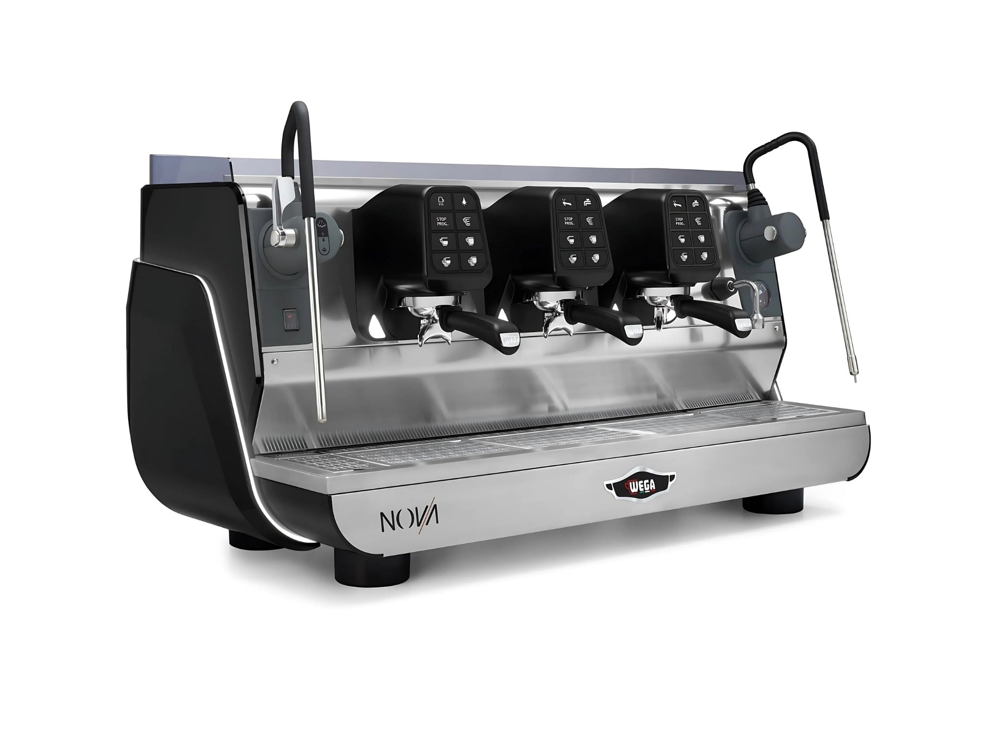 Wega Nova EVD 3 Group Coffee Machine Black - New angled view showing the matte black espresso coffee machine with three high cup group heads and cool touch steam wands on a white background.
