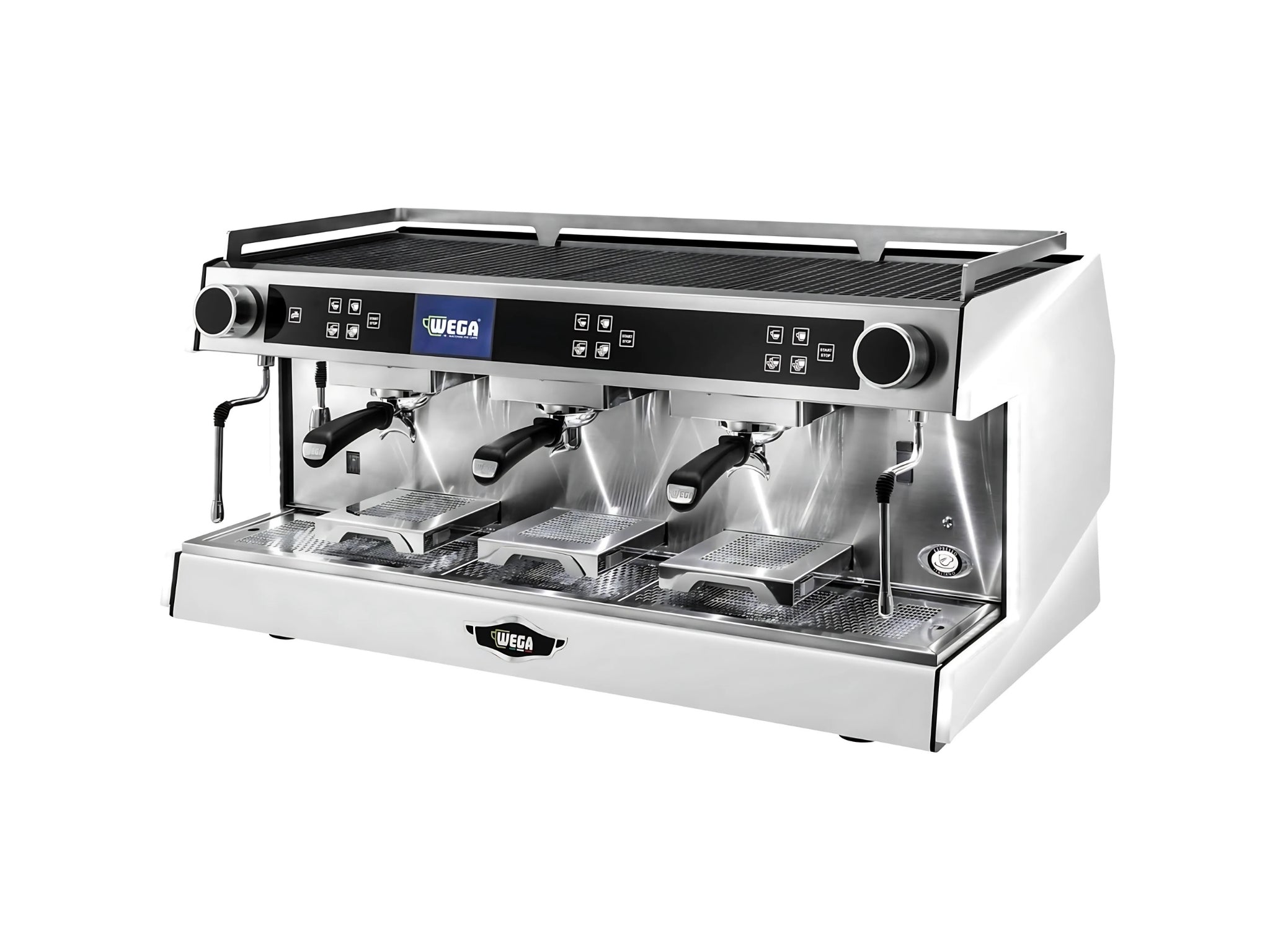 The Wega Urban 3 Group Coffee Machine White - New shown at a front angled view, highlighting its sleek white body, programmable volumetric controls, and dual steam wands. The espresso machine is displayed on a clean white background.