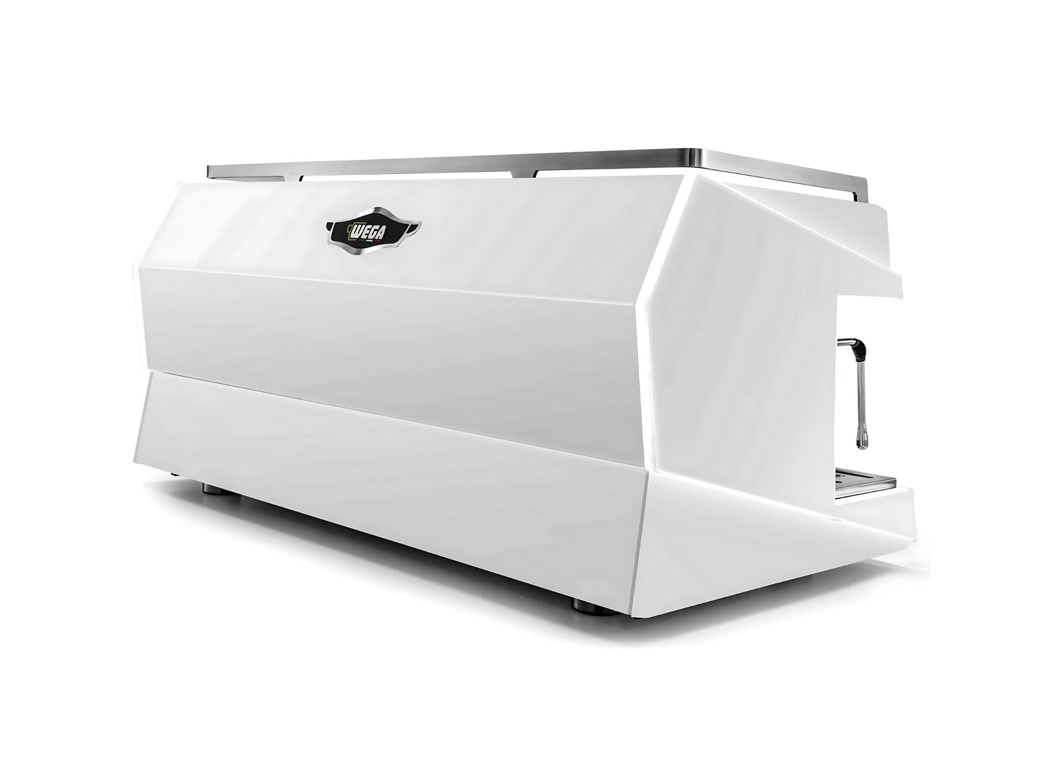 Angled rear view of the Wega Urban 3 Group Coffee Machine White - New, showcasing its sturdy build and clean white finish. The espresso machine is presented against a plain white background.