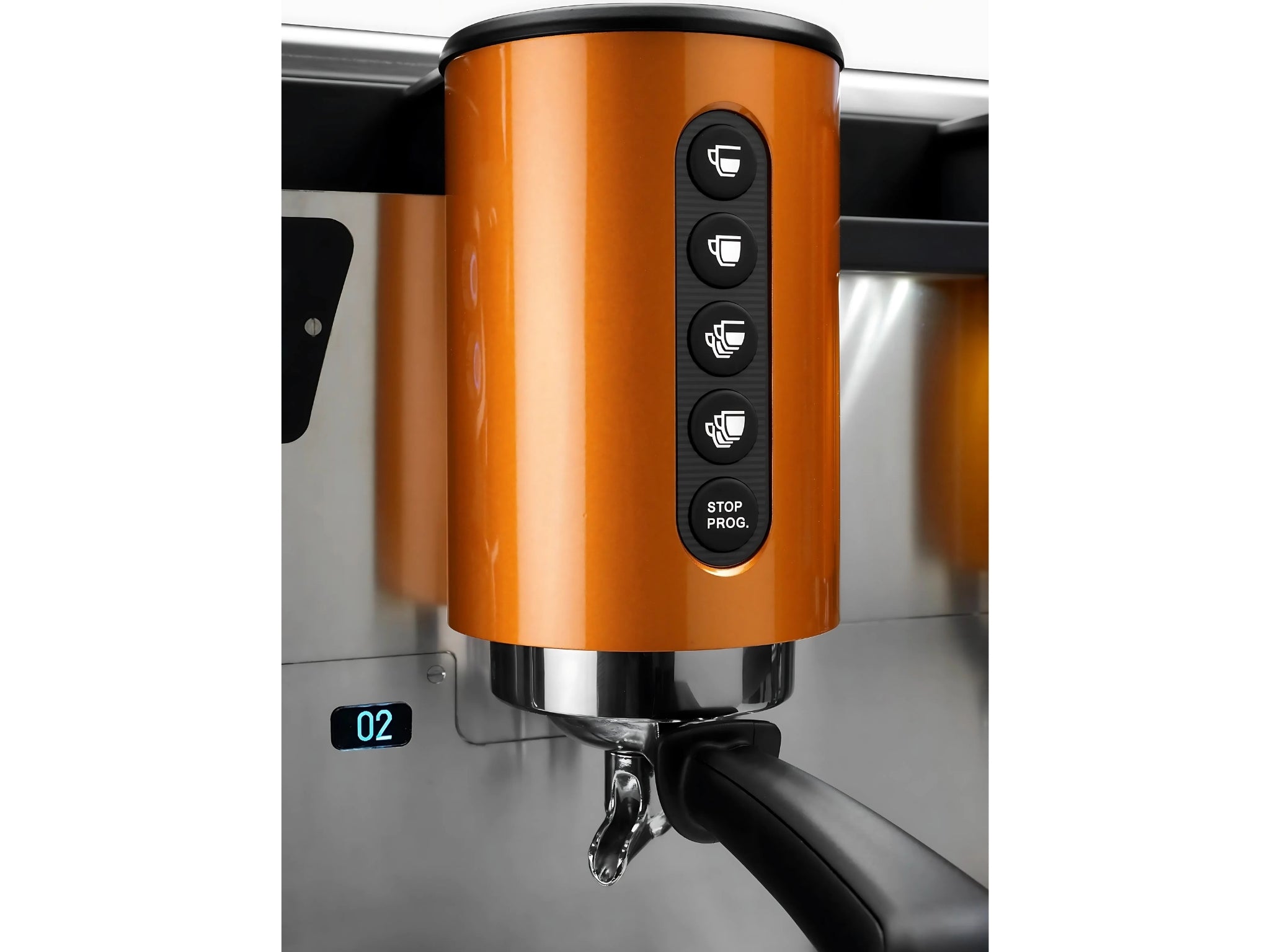 A close up image of the controls on a brand new Wega W Bar Pro 2 Group Coffee Machine in Black with orange accents on a white background. 