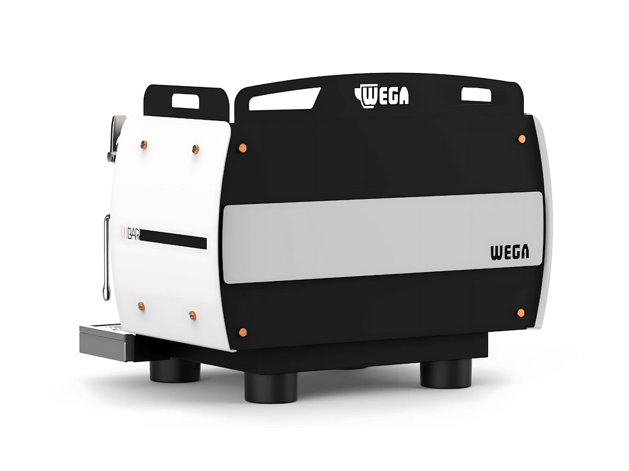 A brand new Wega W Bar Pro 2 Group Coffee Machine in white with orange accents on a white background  on a white background. The machine is photographed from behind the machine and the back and side of the machine is visible.