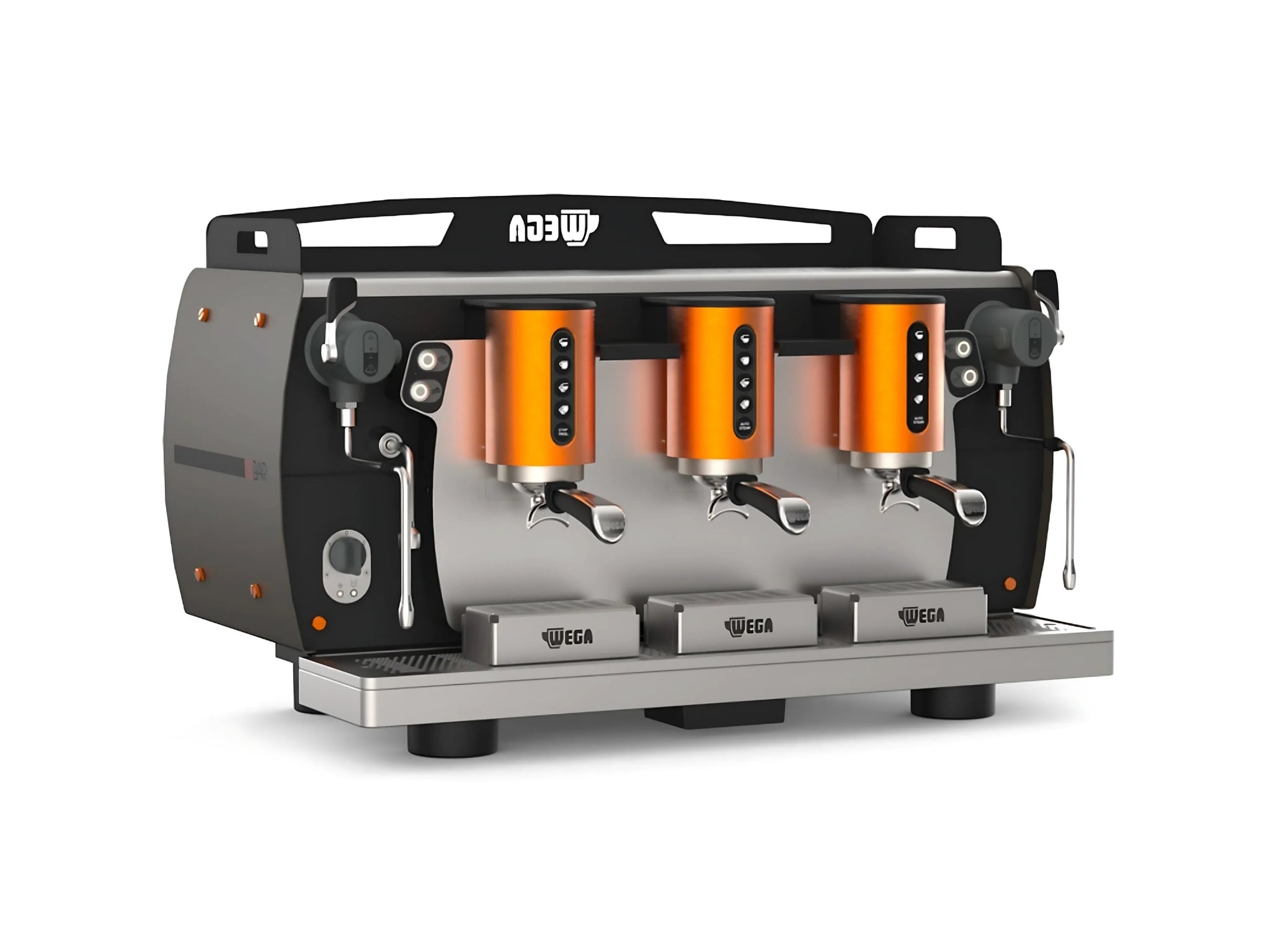 Angled view of the Wega W Bar Pro 3 Group Coffee Machine Black on white background – Showcasing its modern design and ergonomic steam lever system.