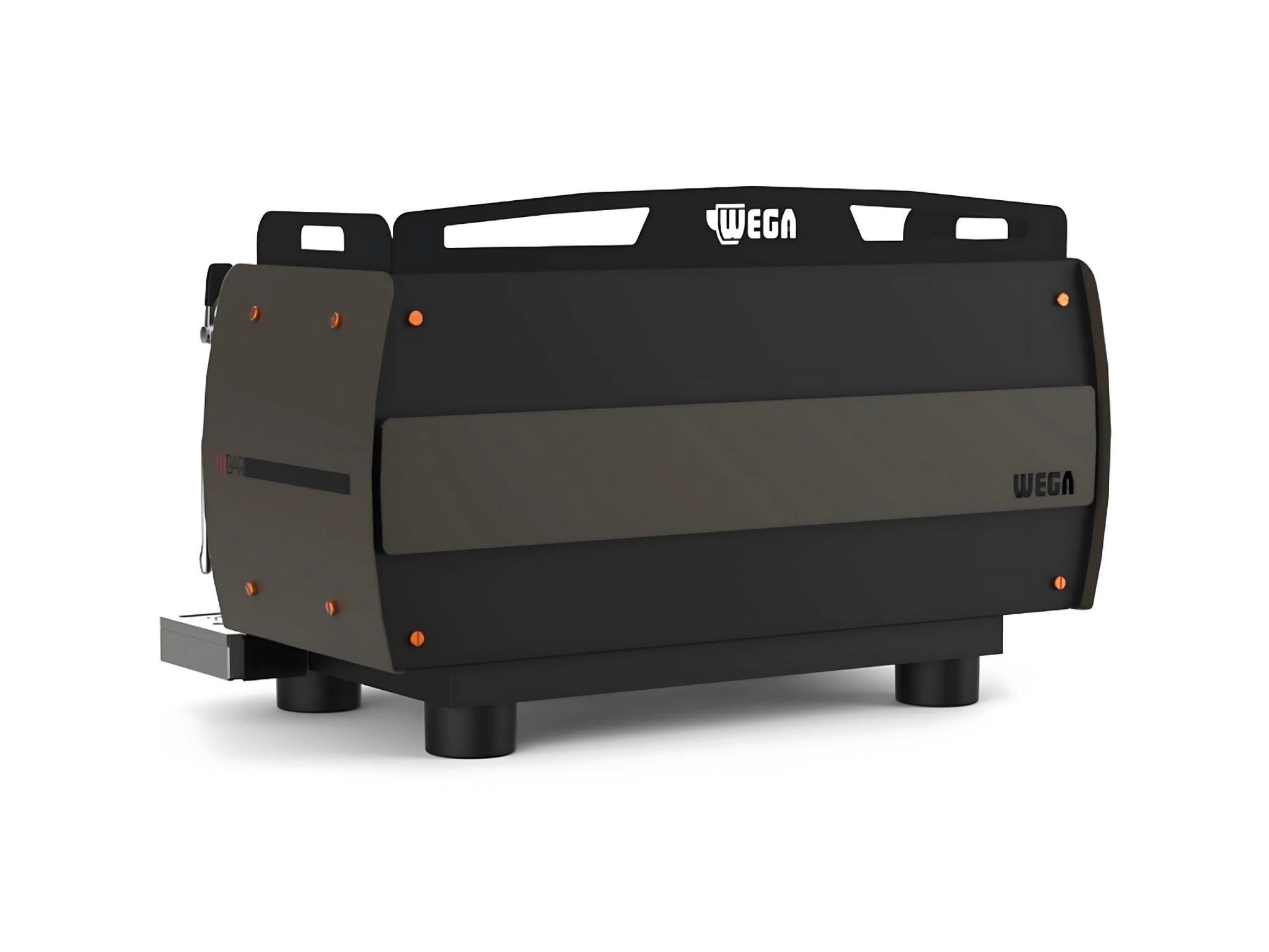Angled rear view of the Wega W Bar Pro 3 Group Coffee Machine Black on white background – Capturing the shape and structure from a reverse angle.