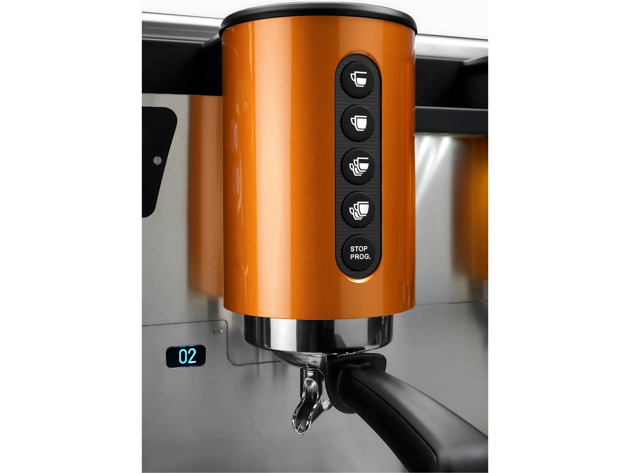 Close-up front detail of the Wega W Bar Pro 3 Group Coffee Machine Black on white background – Focusing on the group heads, buttons, and digital shot timers.