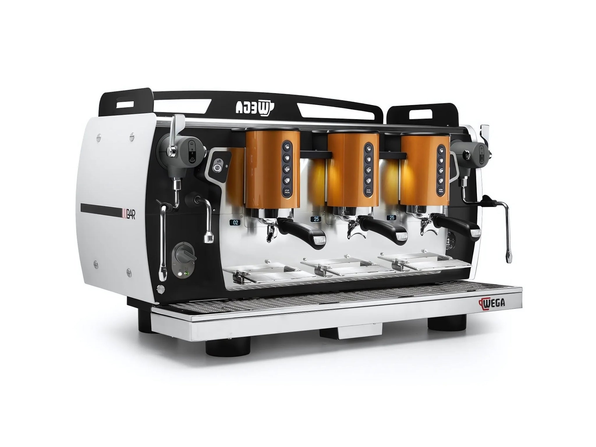 Angled view of the Wega W Bar Pro 3 Group Coffee Machine White on white background – Showcasing its modern design and ergonomic steam lever system.