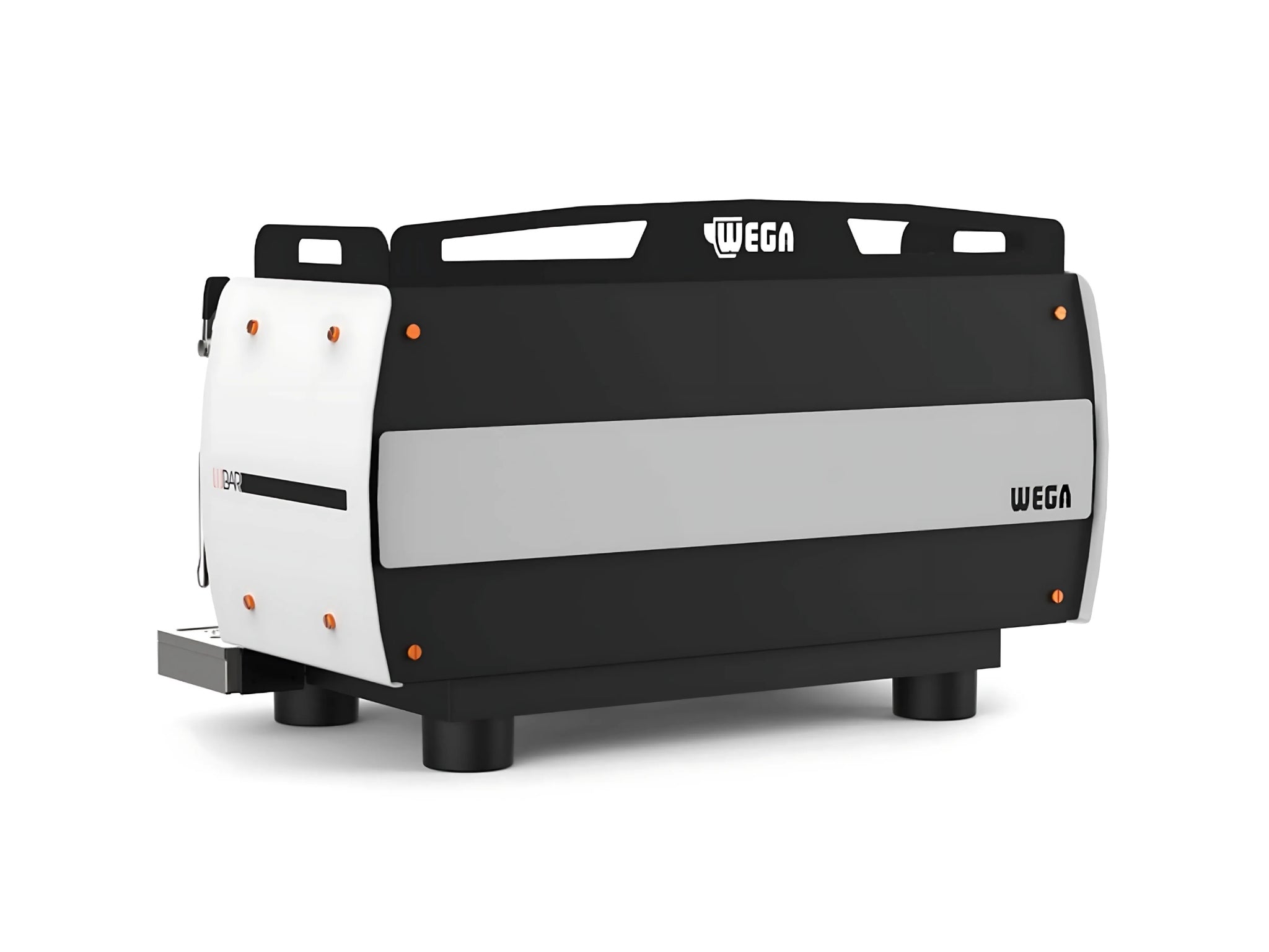 Angled rear view of the Wega W Bar Pro 3 Group Coffee Machine White on white background – Capturing the shape and structure from a reverse angle.