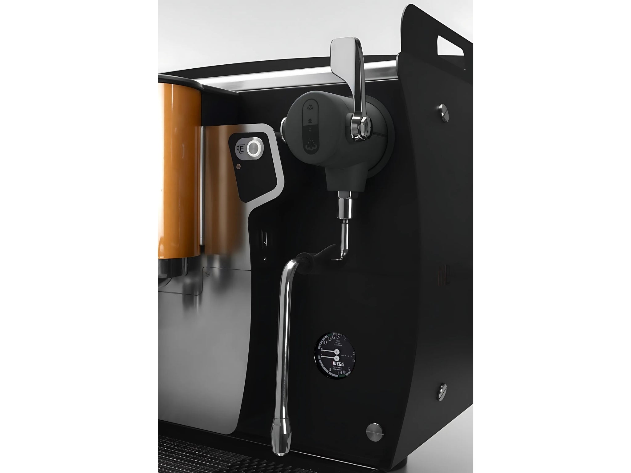 Close-up of steam wand on the Wega W Bar Pro 3 Group Coffee Machine white – Highlights the cool-touch steam wand and polished finish against a white background.