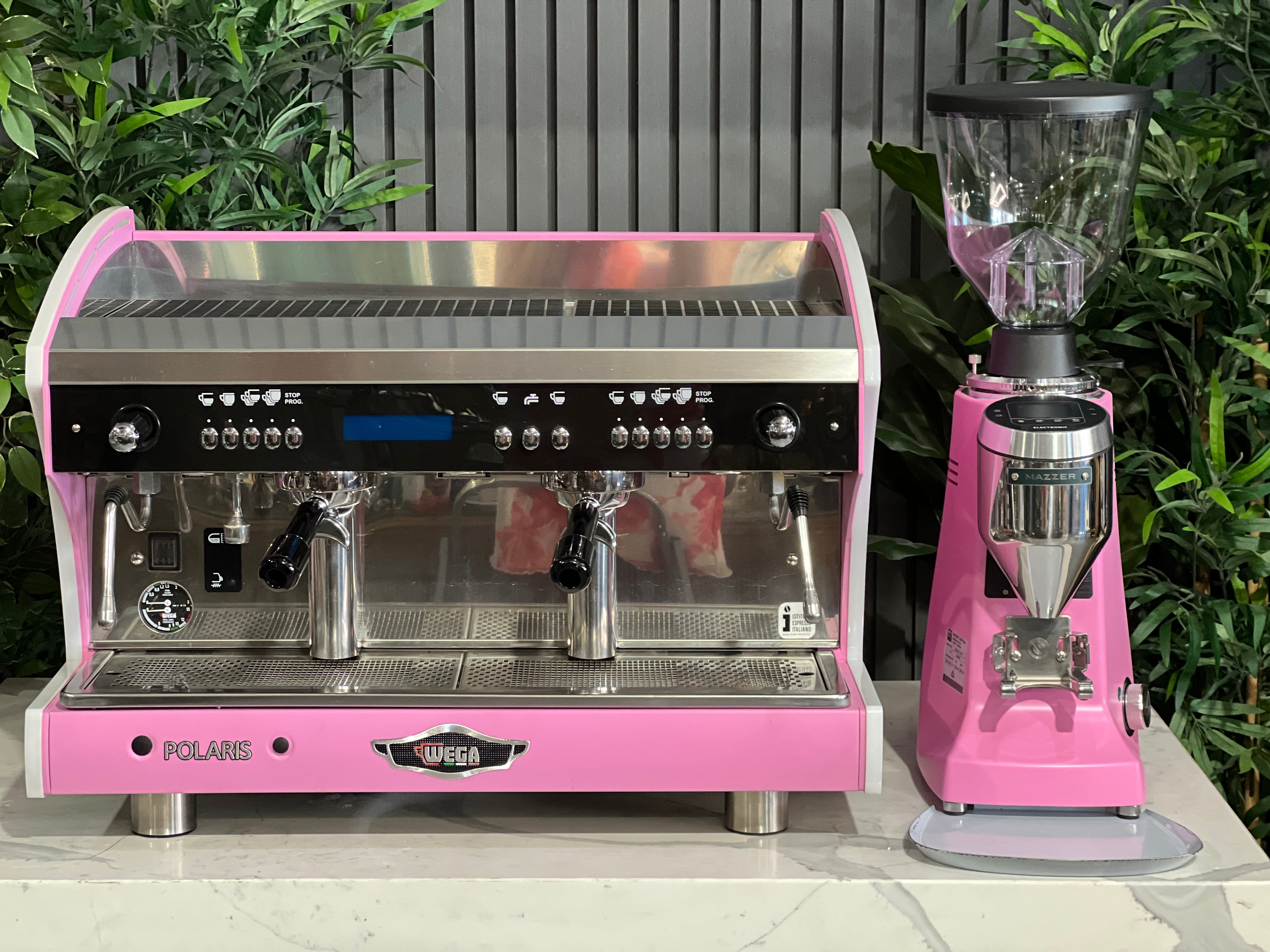Wega Polaris Tron 2 Group Coffee Machine + Mazzer Major V Electronic Grinder Package Pink - New
