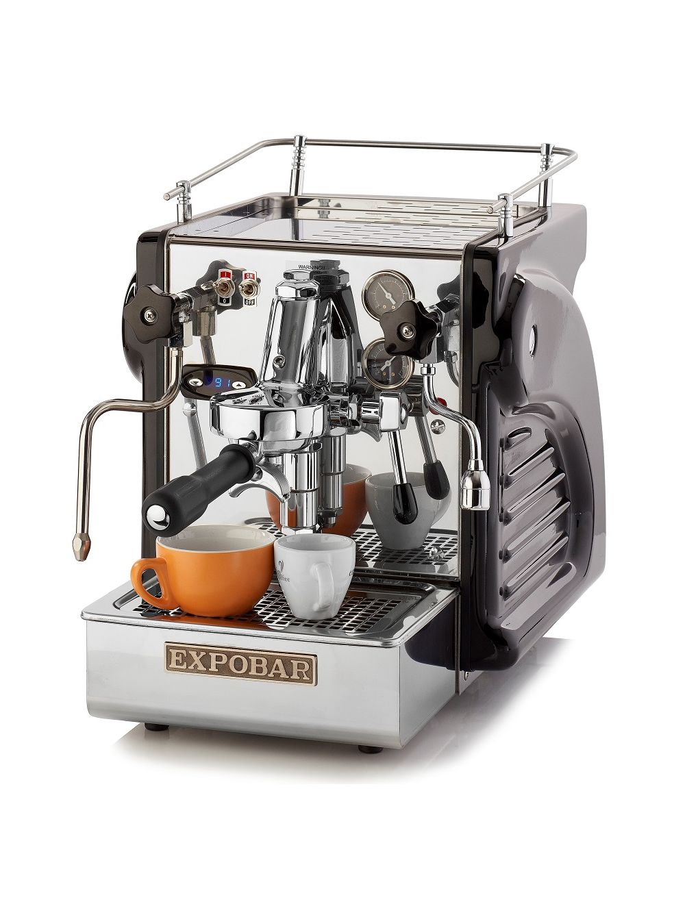 Expobar Office Ruggero Classic Leva 1 Group Coffee Machine in stainless and black finish with cups.